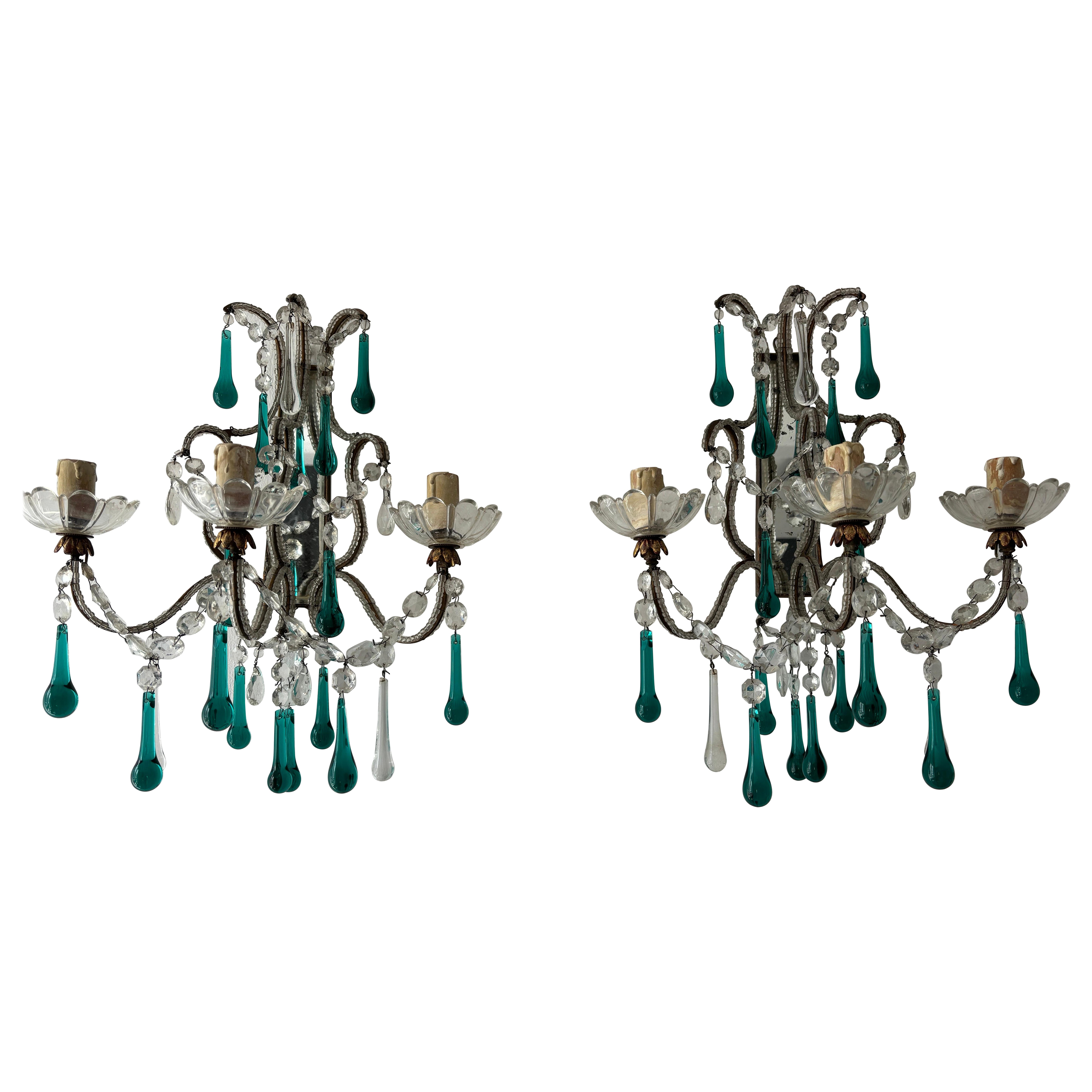 c 1900 French Beaded Extremely Rare Sea foam Green Murano Drops Mirrors Sconces