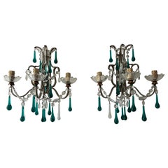 c 1900 French Beaded Extremely Rare Sea foam Green Murano Drops Mirrors Sconces
