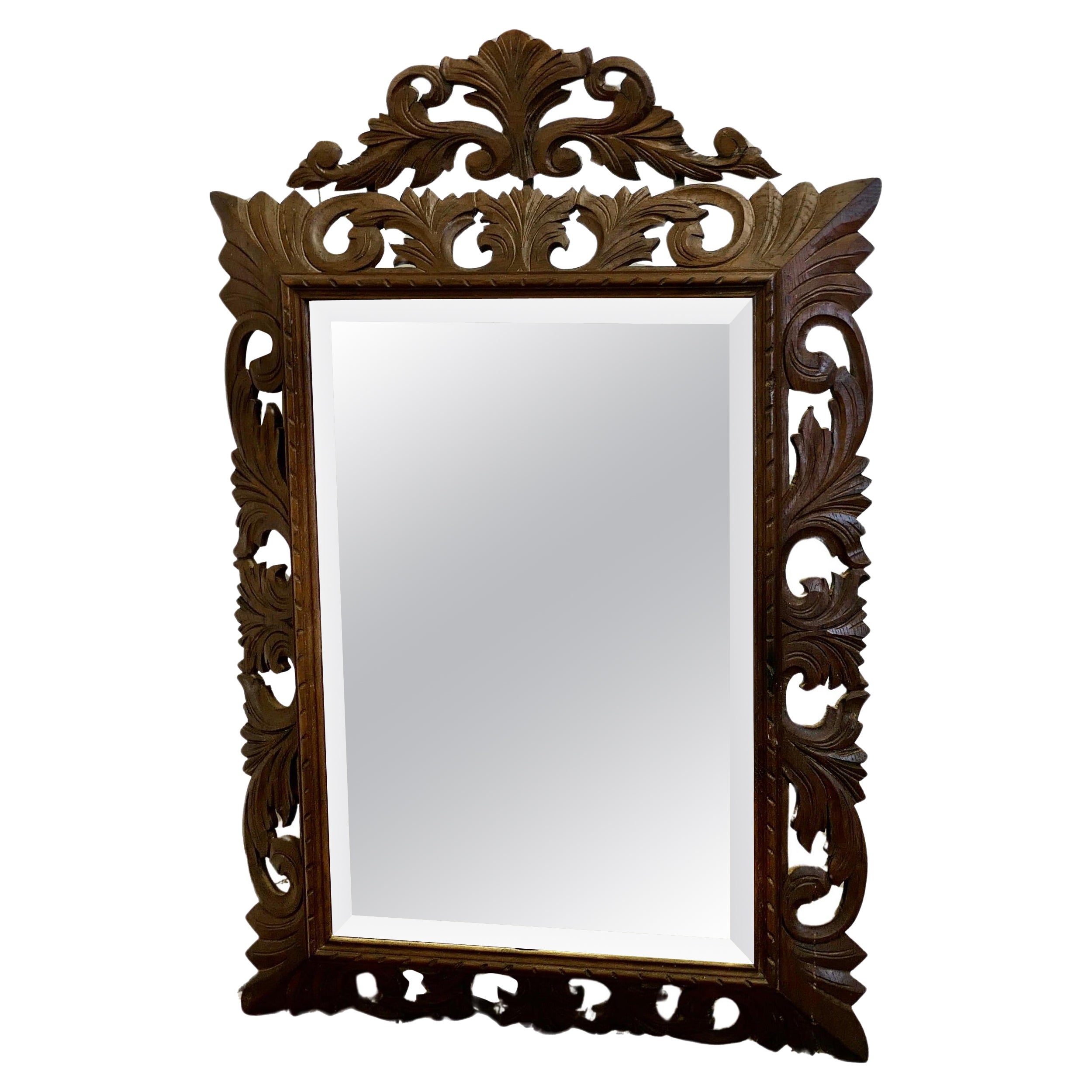 French Carved Gothic Oak Wall Mirror  The Oak Mirror Frame is Crisply Carved 