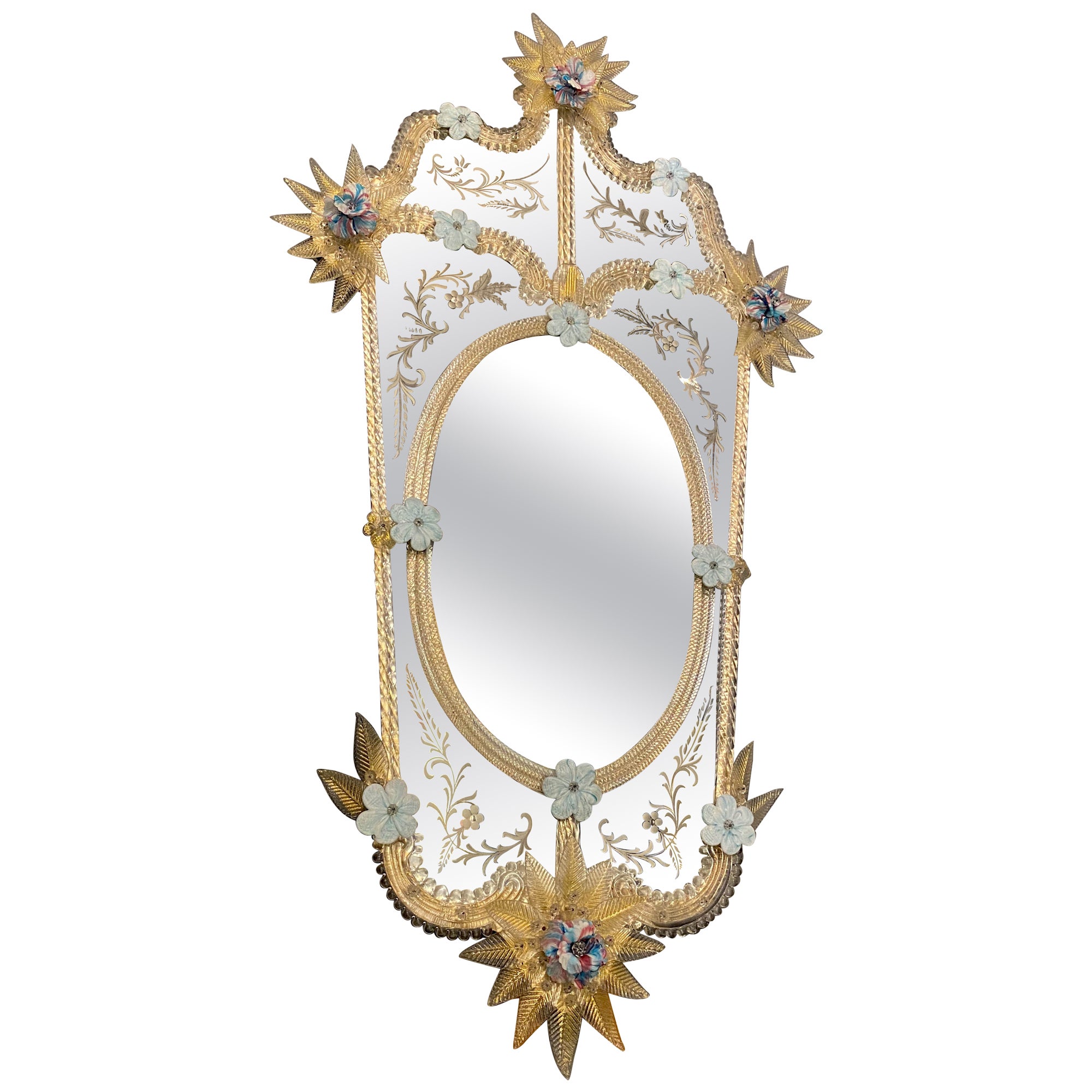 Fino espejo veneciano de cristal de Murano con flor azul