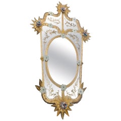 Fine Venetian Blu Flower Murano Glass Mirror