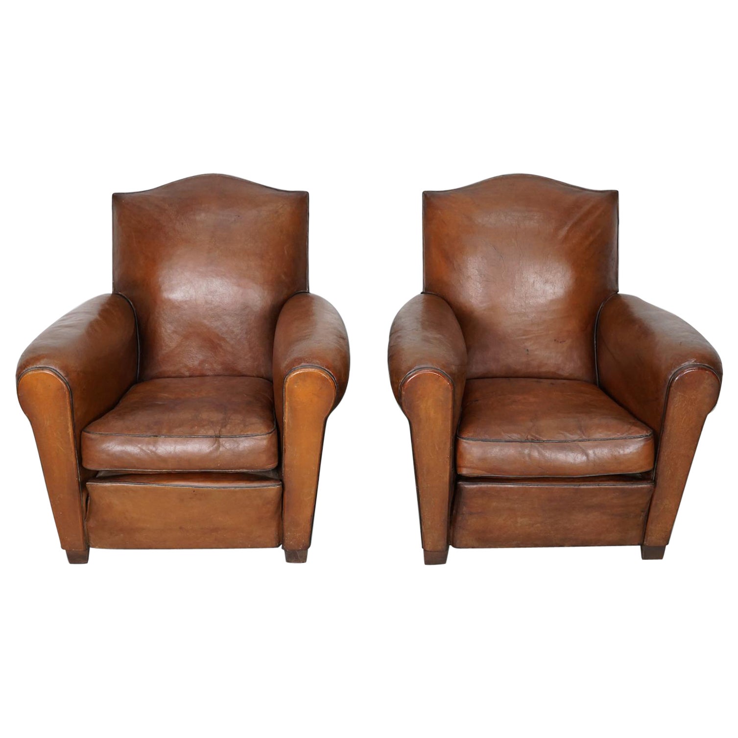 Pair of French Cognac Moustache Back Leather Club Chairs, 1940s For Sale