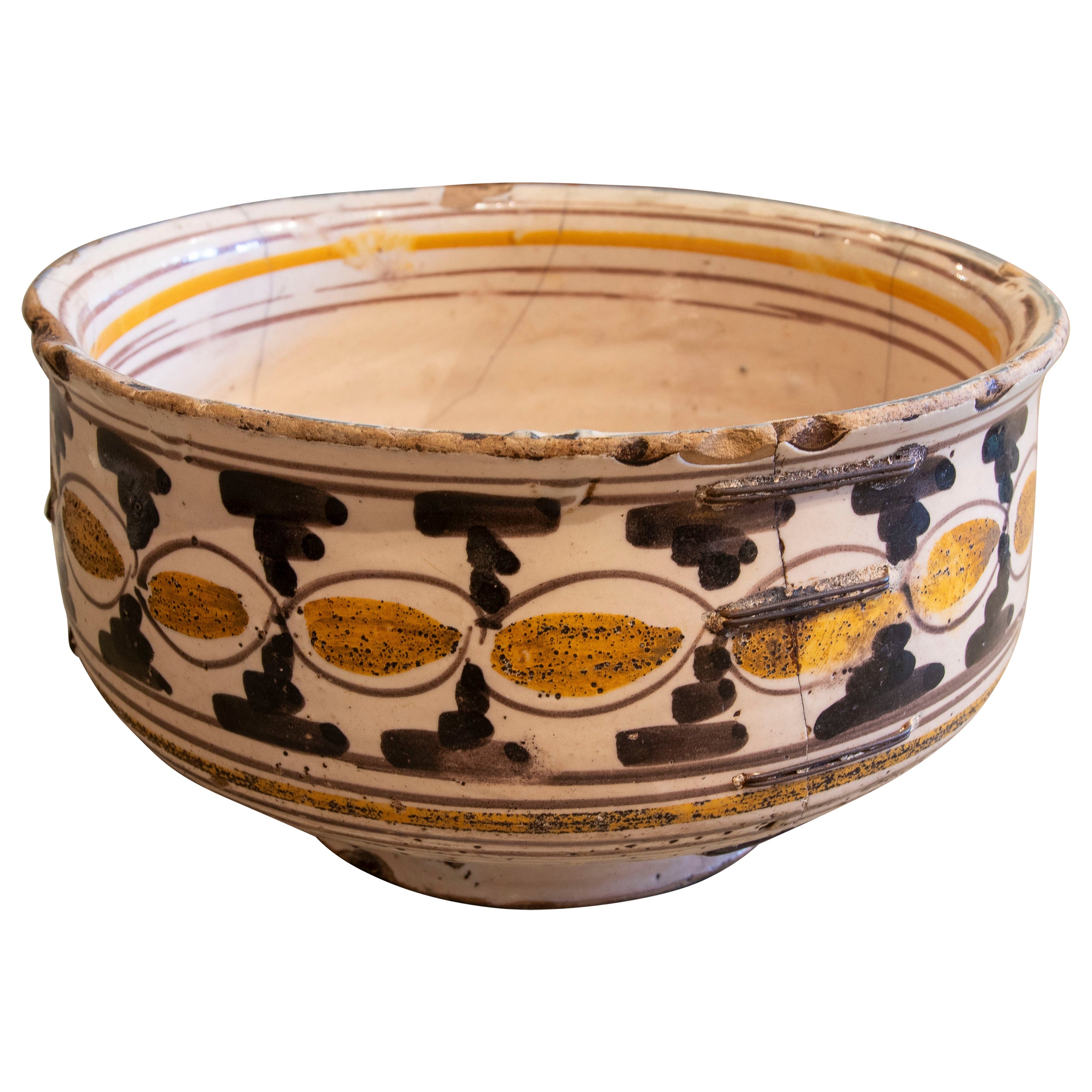 19th Century Spanish Hand-Painted Ceramic Bowl with Iron Reeds