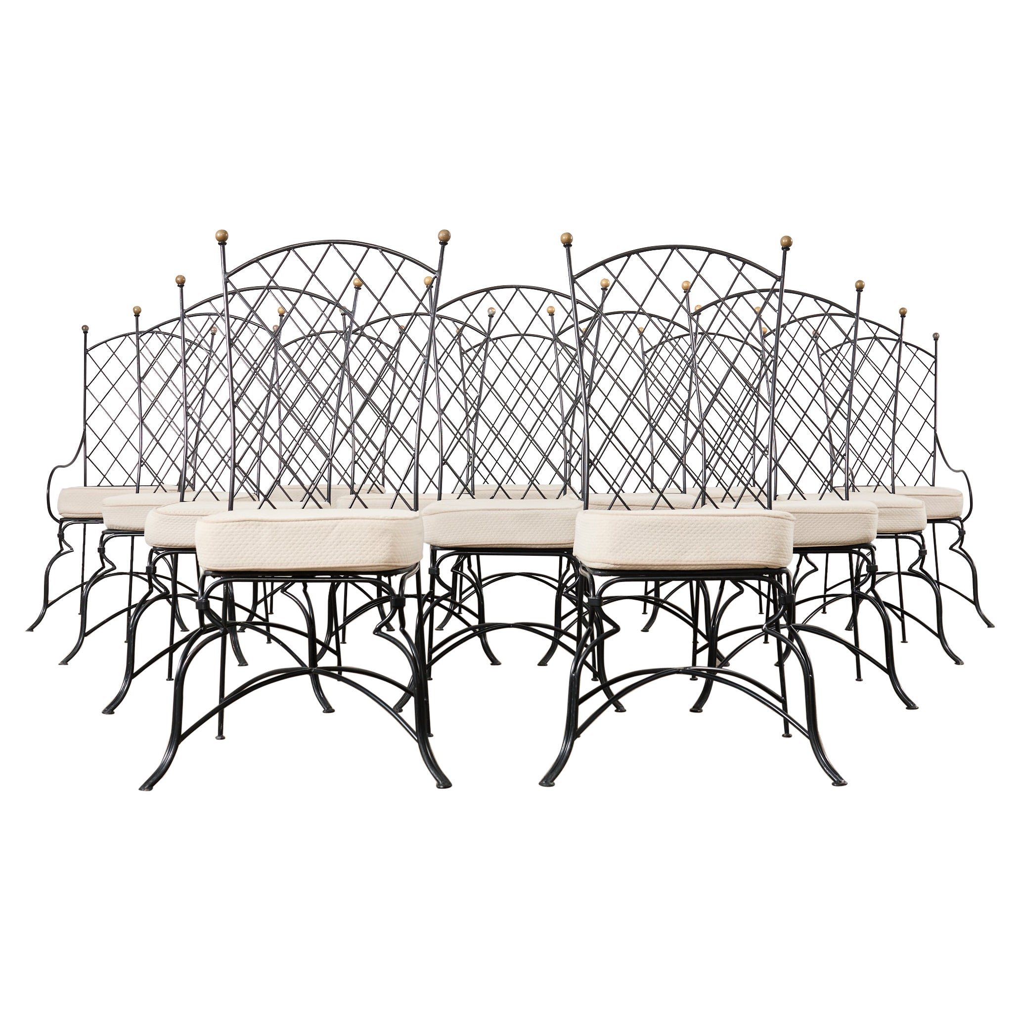 Set of Fourteen Maison Royere Style Iron Garden Dining Chairs  For Sale