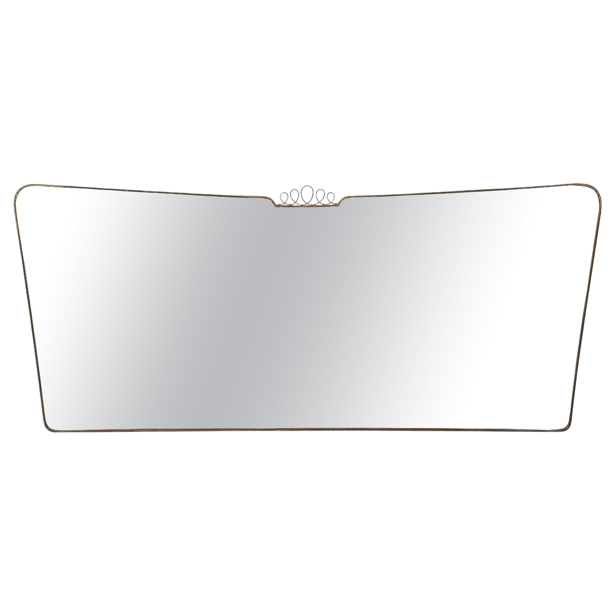Midcentury Italian Modernist Horizontal Overmantel Brass Scroll Mirror, 1950s For Sale