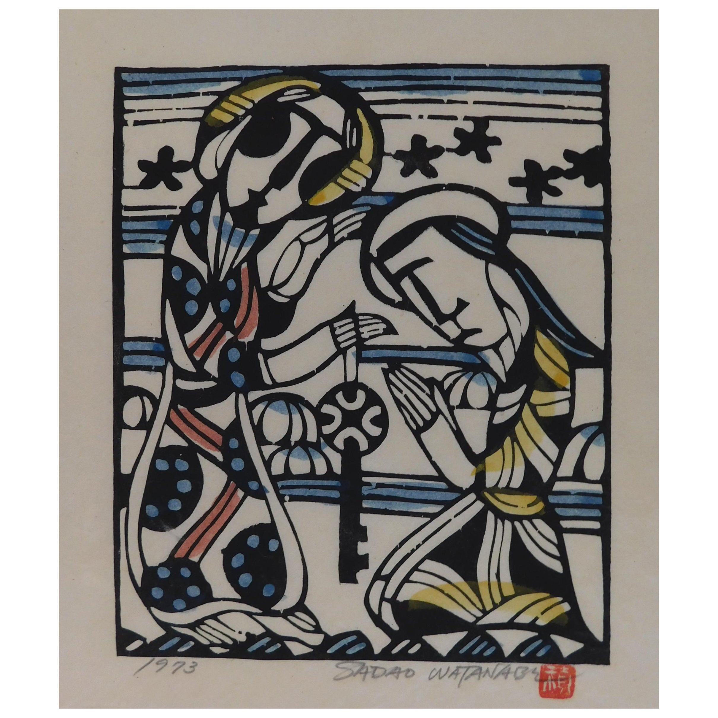 Sadao Watanabe Stencil Print, 1973 - St. Peter and the Key of the Kingdom For Sale