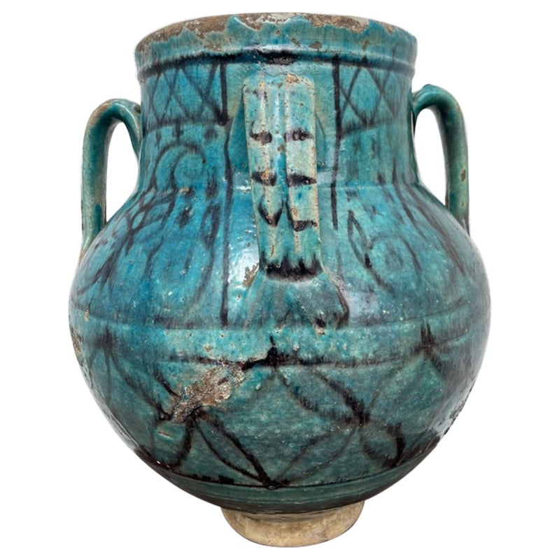 18th Century Turkish Ottoman Turquoise Glazed Storage Jar For Sale