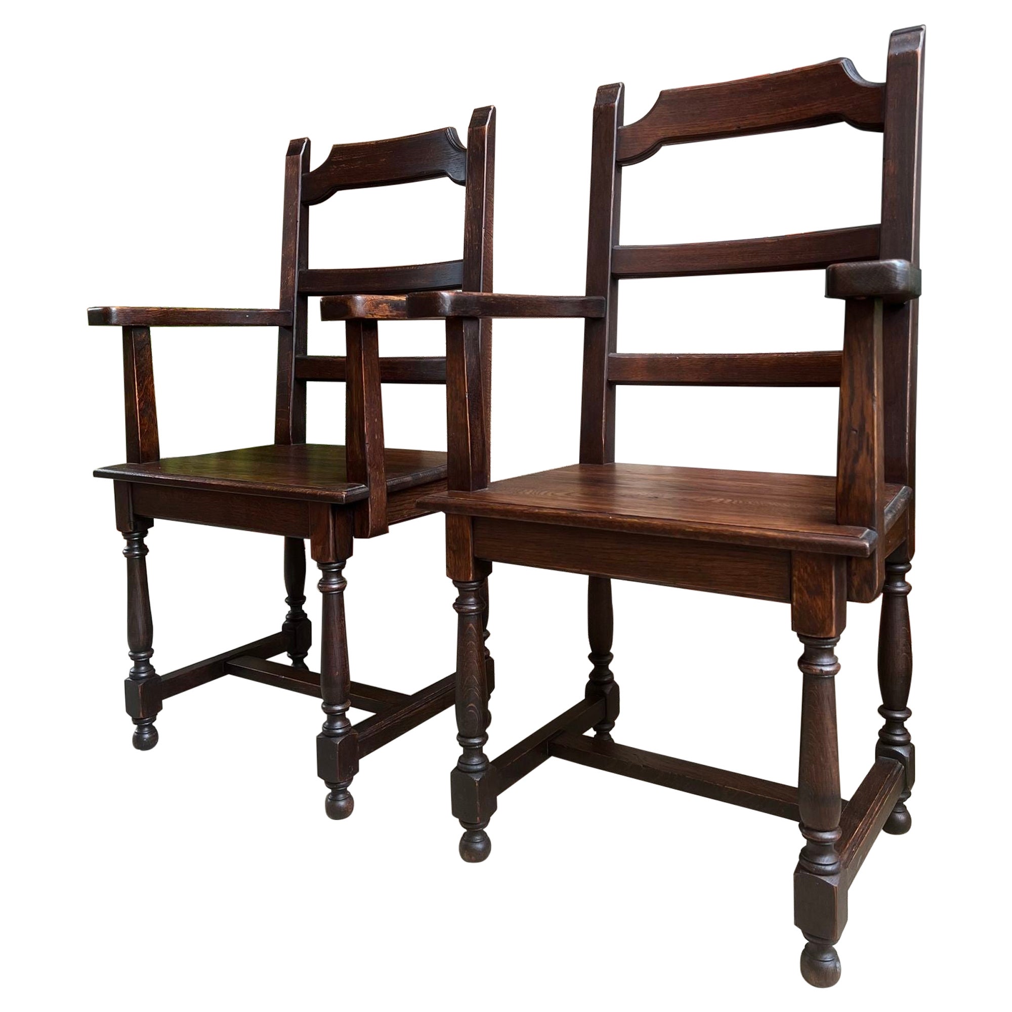 PAIR SET 2 Antique French Arm Dining Chair Ladder Back Carved Dark Oak For Sale