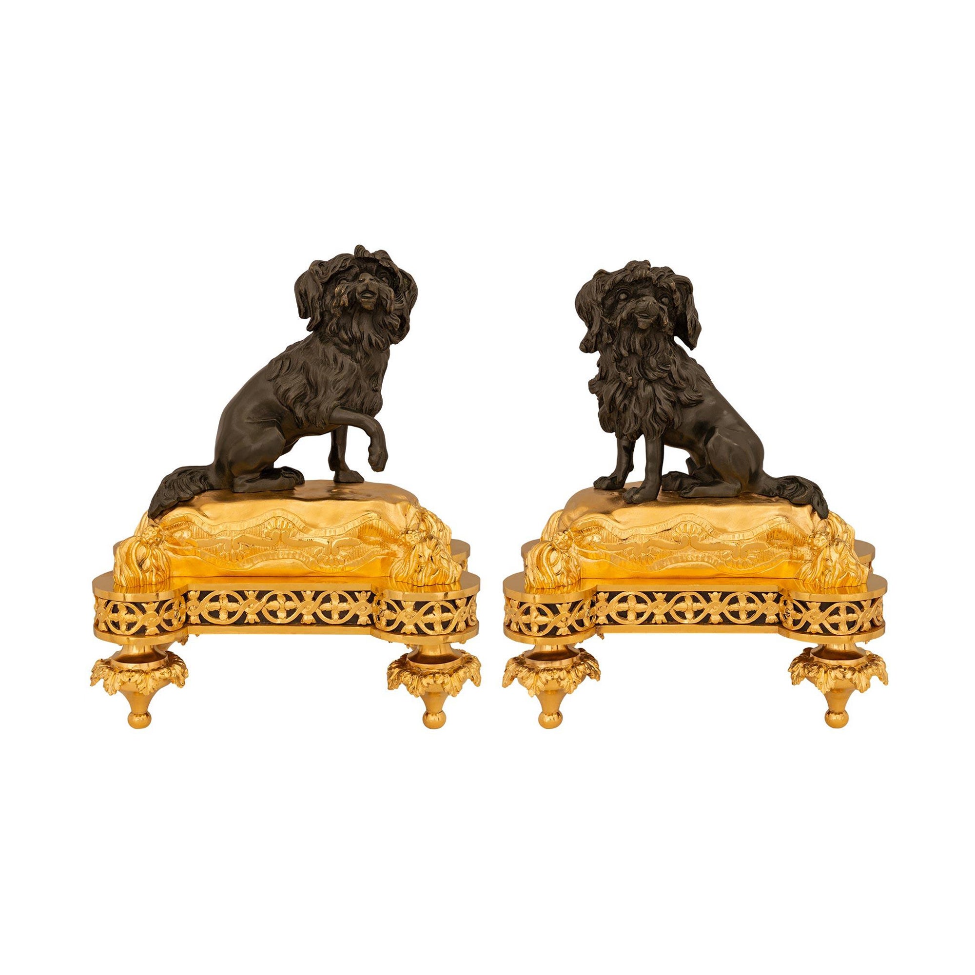 True Pair Of French 19th Century Louis XVI St. Ormolu And Bronze Andirons For Sale