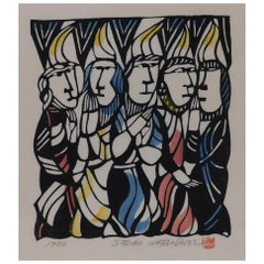 Antique Sadao Watanabe Original Stencil Print, 1982 - Pentecost