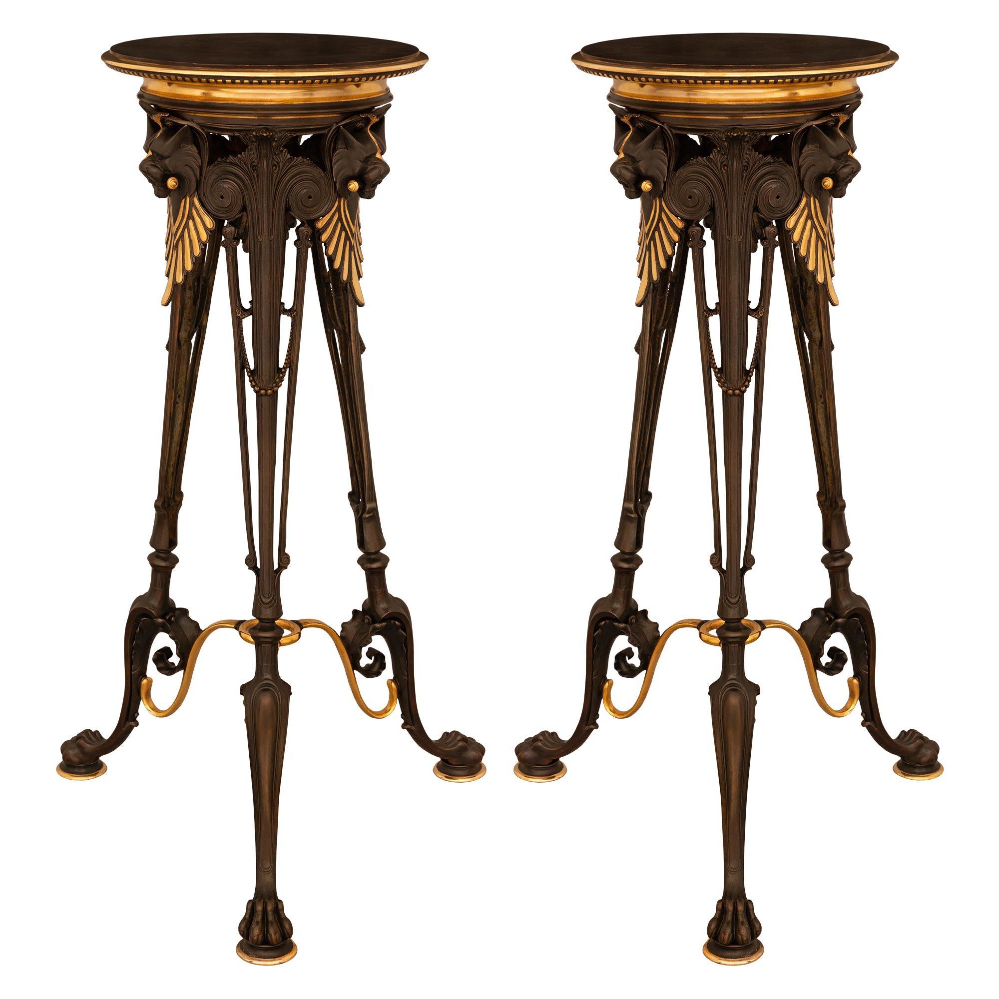 Pair Of French 19th Century Neo-Greek St. Ormolu And Patinated Bronze Pedestals