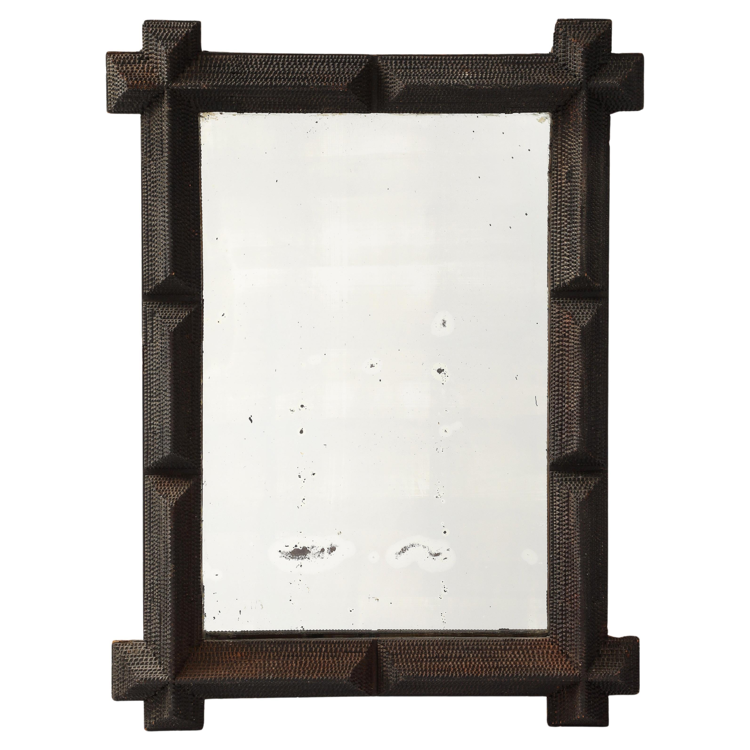 19th C. French Tramp Art Mirror with Old Glass For Sale