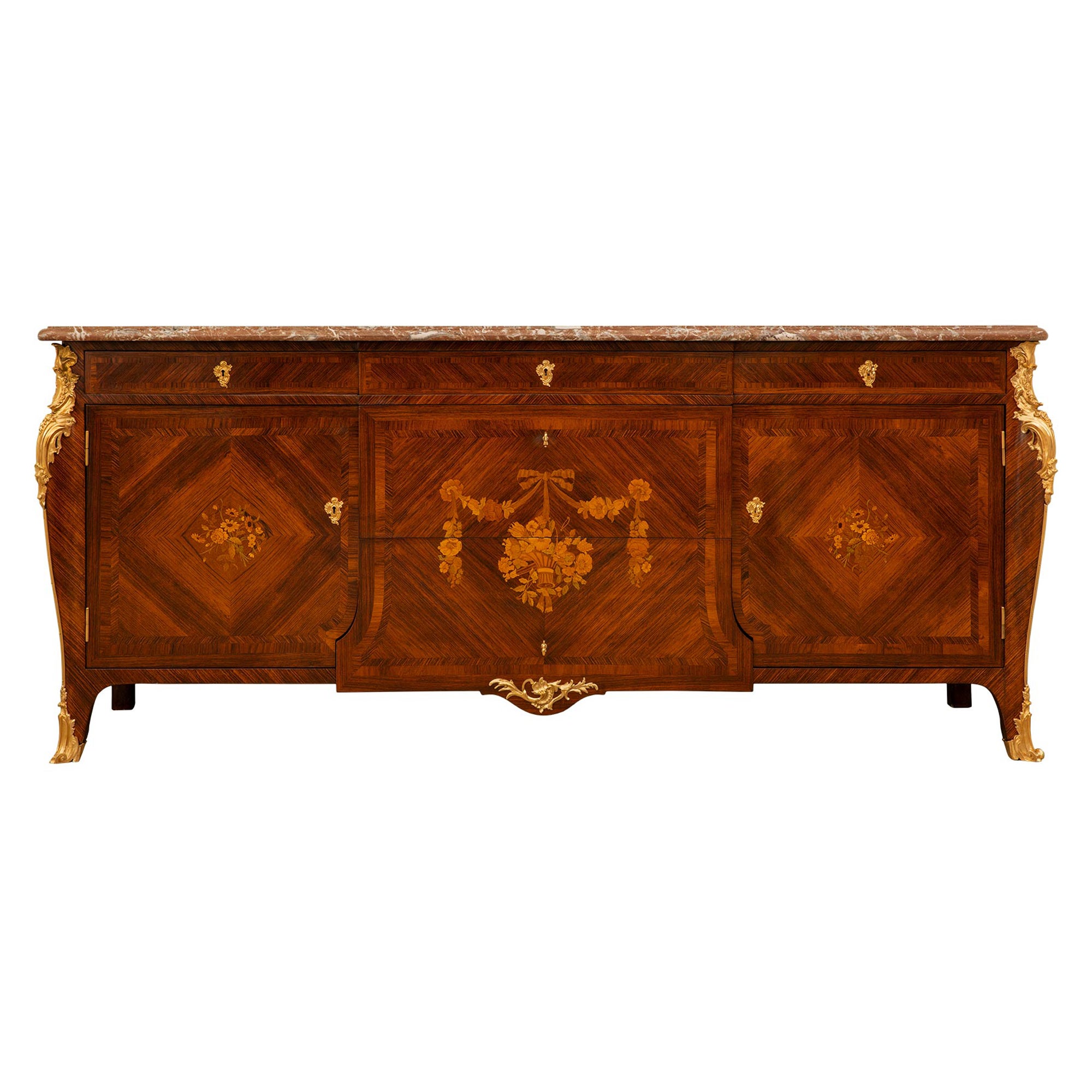French 19th Century Louis XV St. Tulipwood, Ormolu And Marble Buffet For Sale