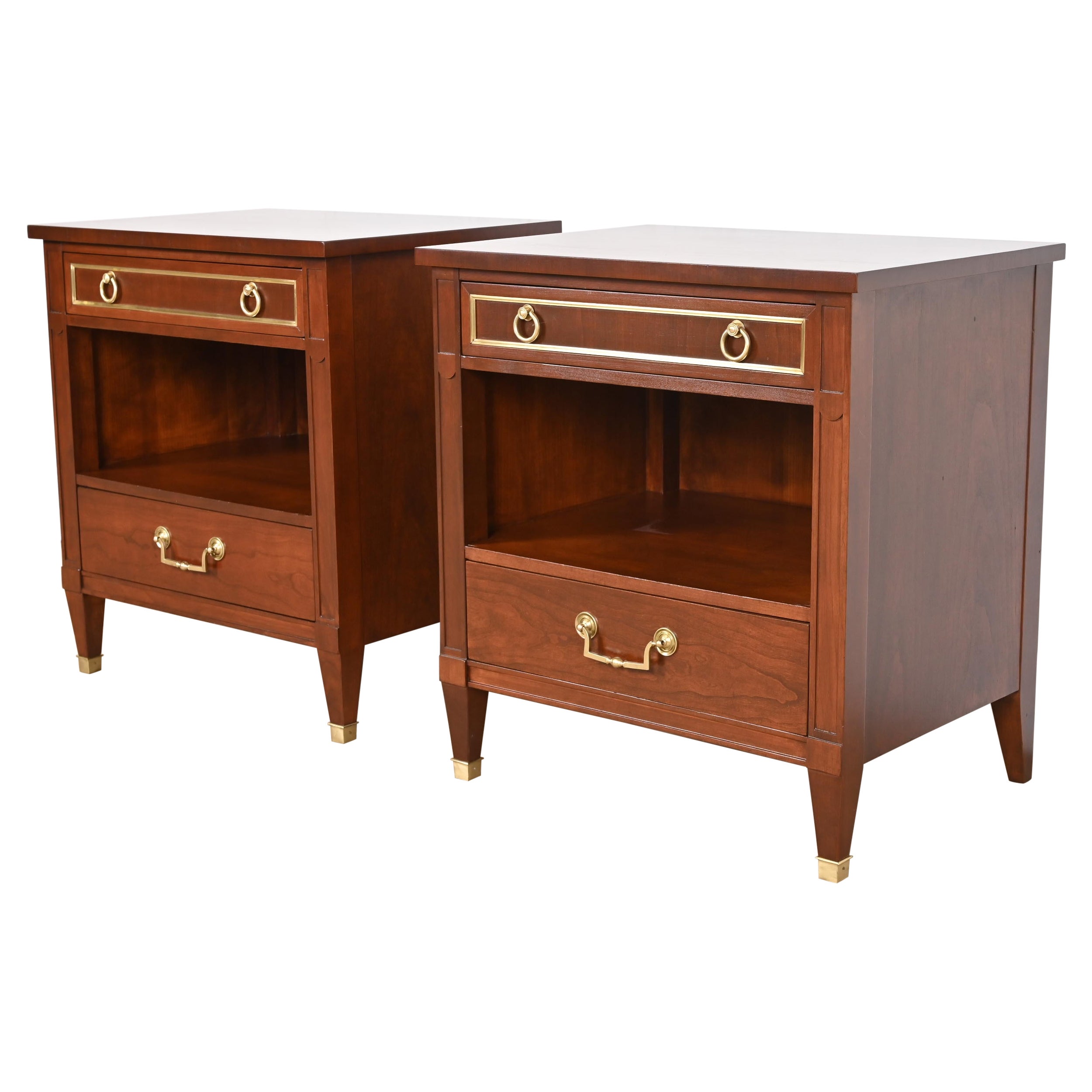 Kindel Furniture French Regency Louis XVI Cherry and Brass Nightstands, Pair For Sale