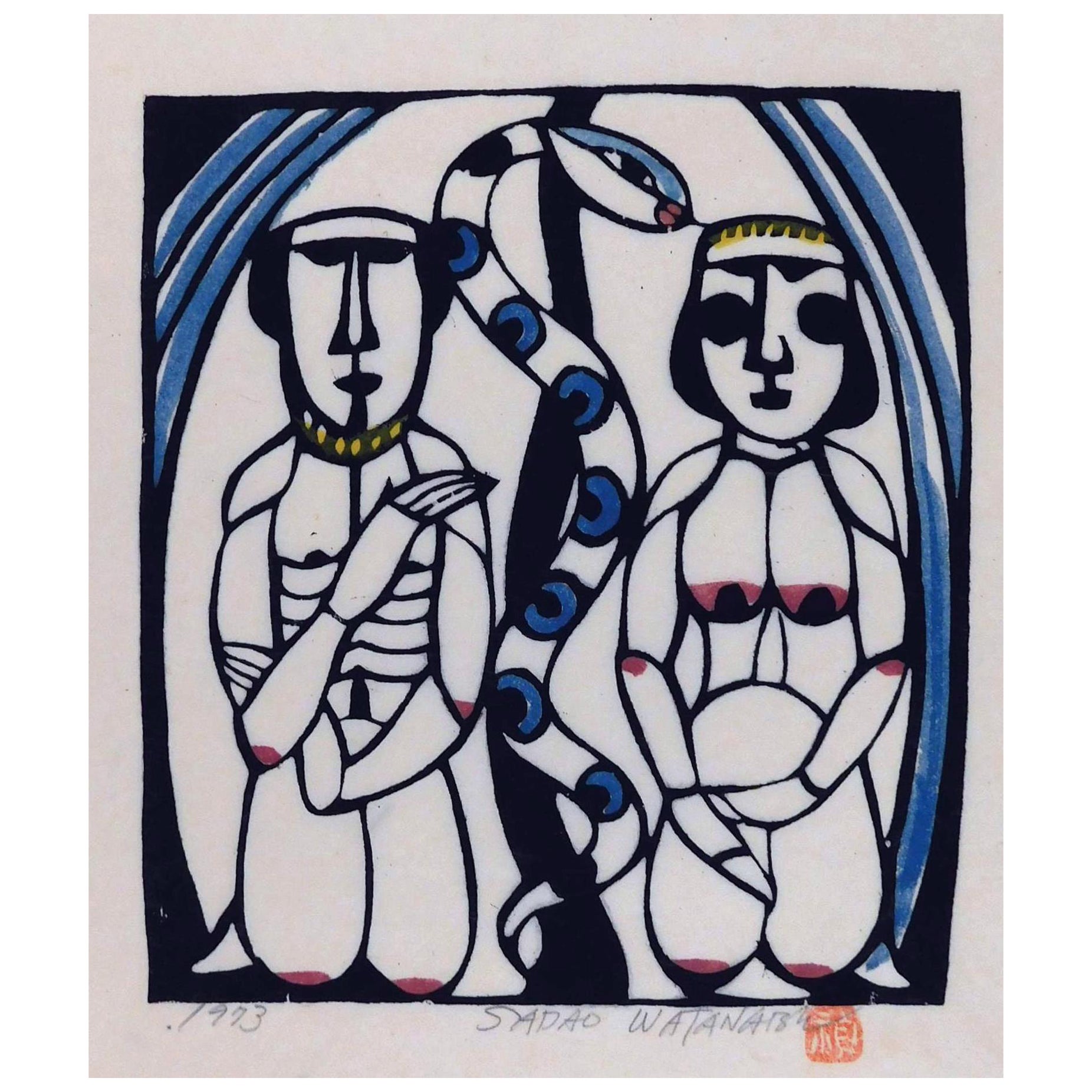 Sadao Watanabe Original Stencil Print, 1973 - Adam and Eve For Sale