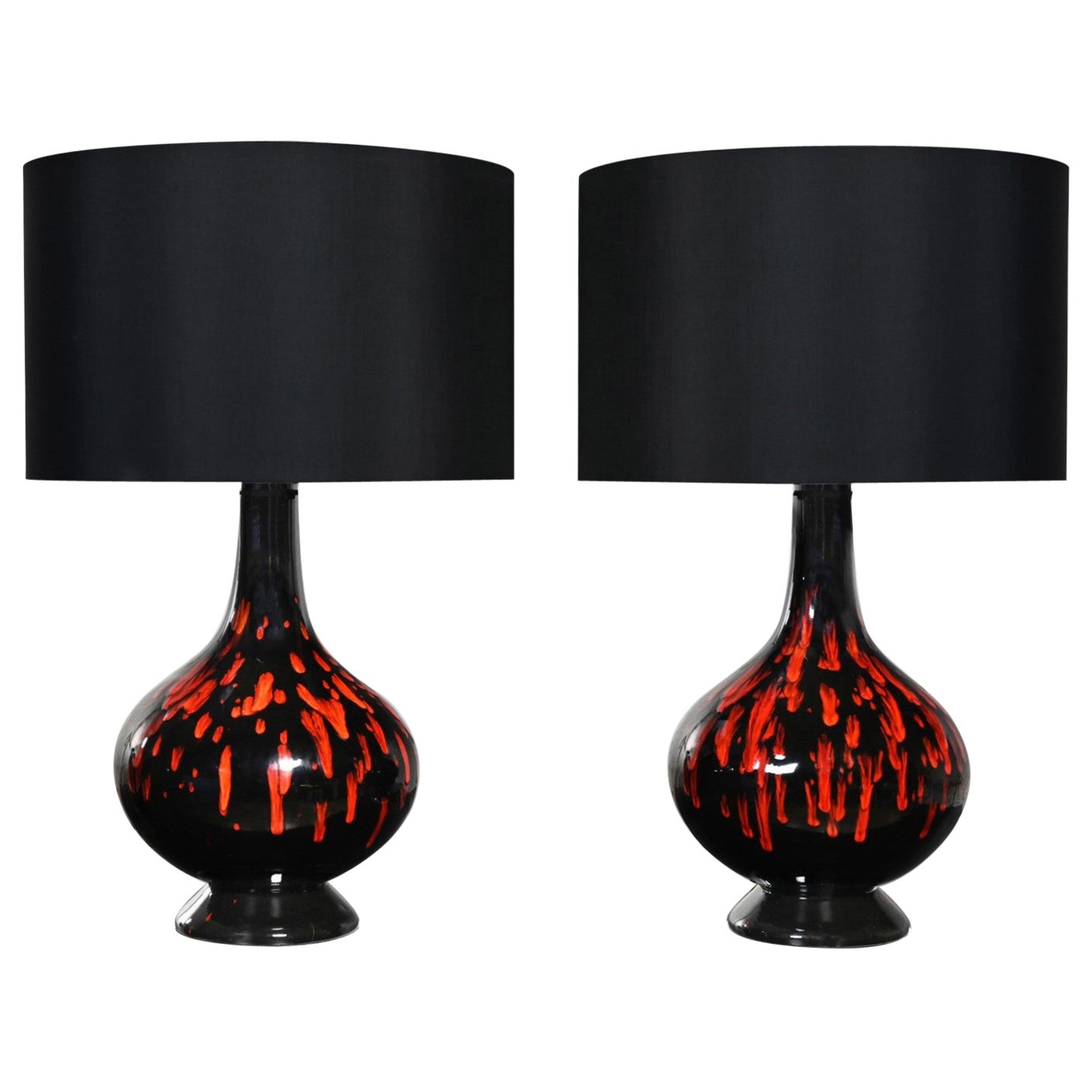 Mid-20th Century MCM Ceramic Orange & Black Glossy Drip Glaze Lamps, a Pair For Sale
