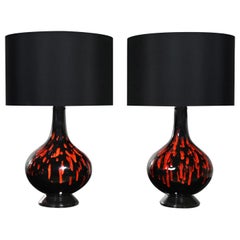 Retro Mid-20th Century MCM Ceramic Orange & Black Glossy Drip Glaze Lamps, a Pair
