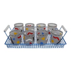 1980s Memphis Style set of 8 Retro Rocks Glasses with Colorful Shapes & Tray