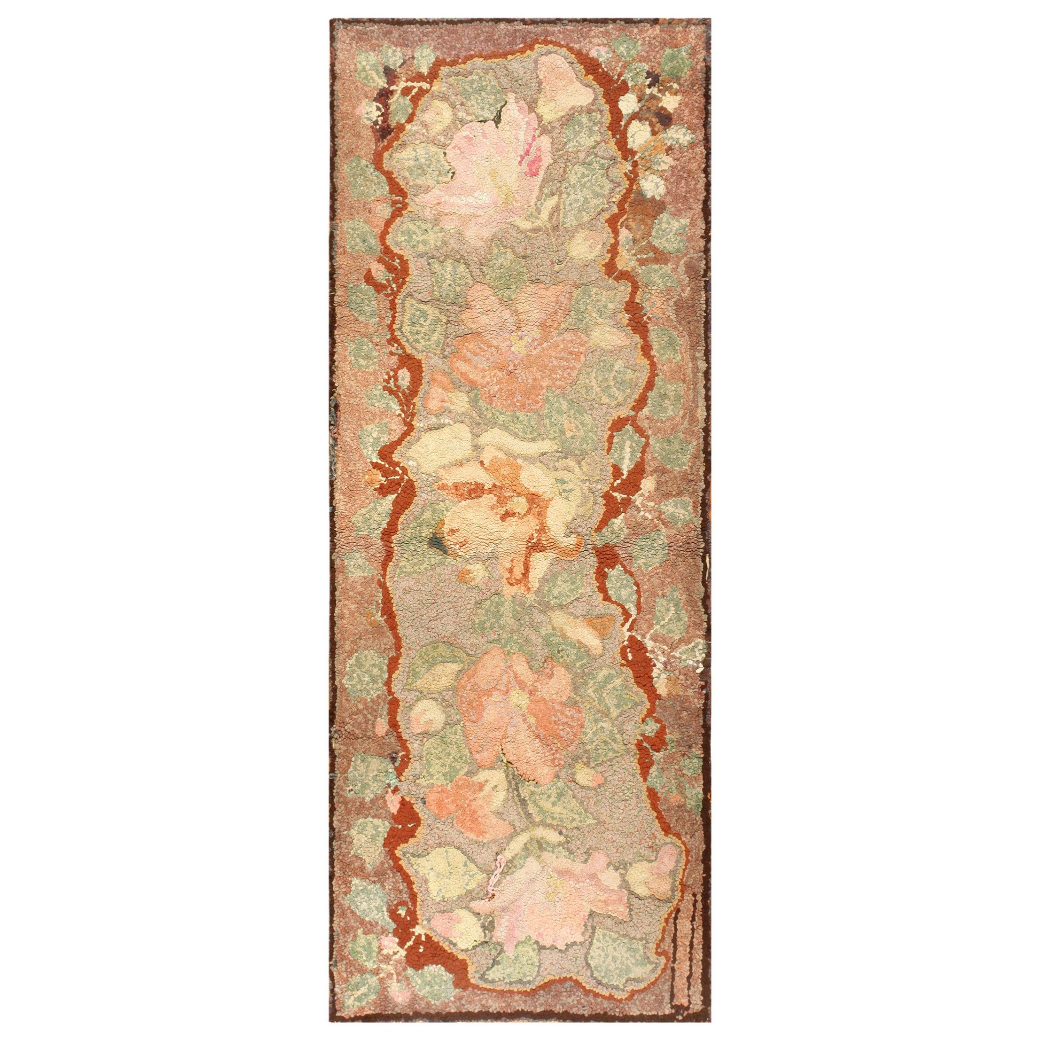 Rustic Floral Antique American Short Runner Hooked Rug 3'2" x 8'1"