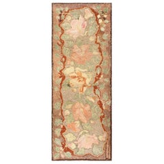 Rustic Floral Antique American Short Runner Hooked Rug 3'2" x 8'1"