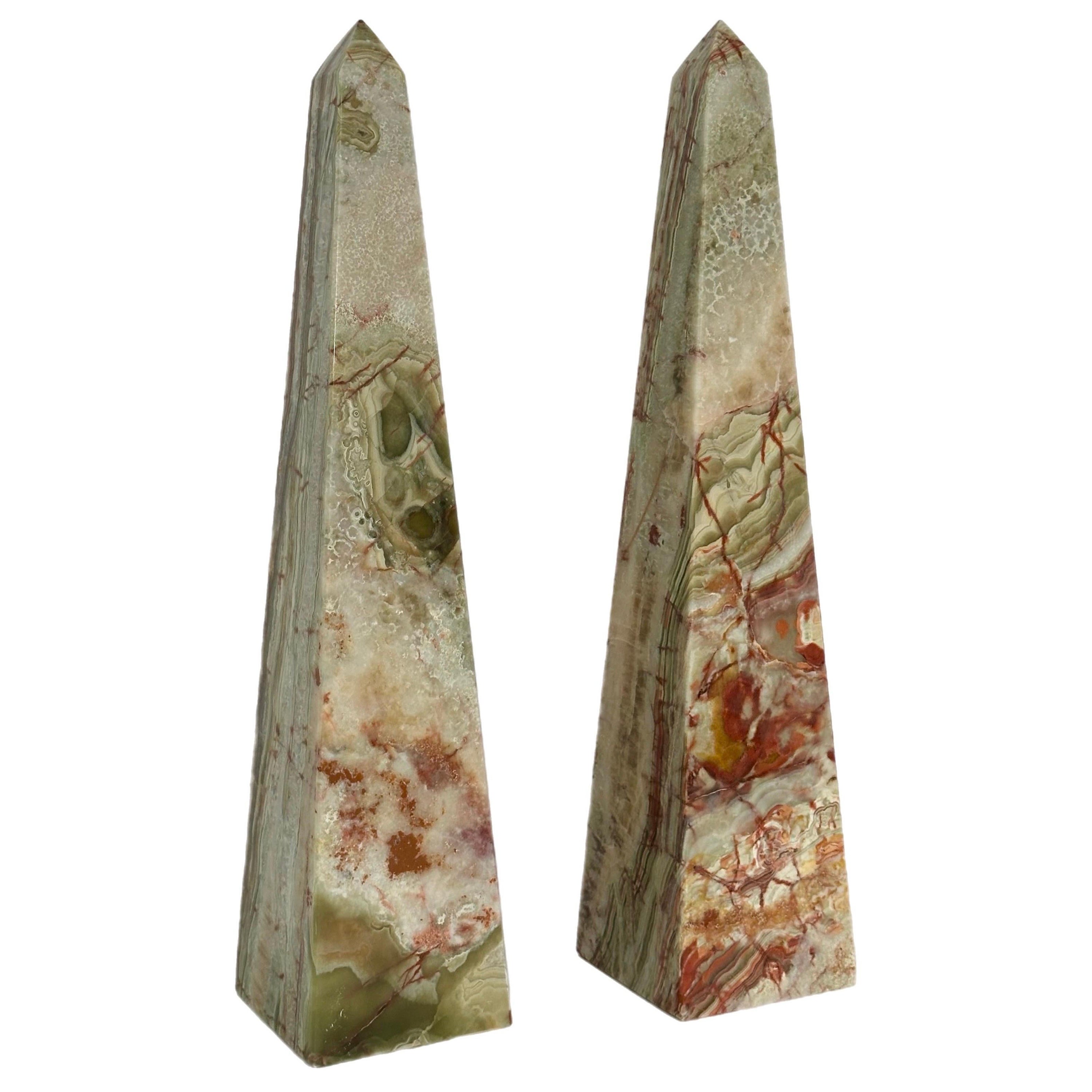 Vintage Onyx Marble Green and Brown Stone Obelisks – a Pair 