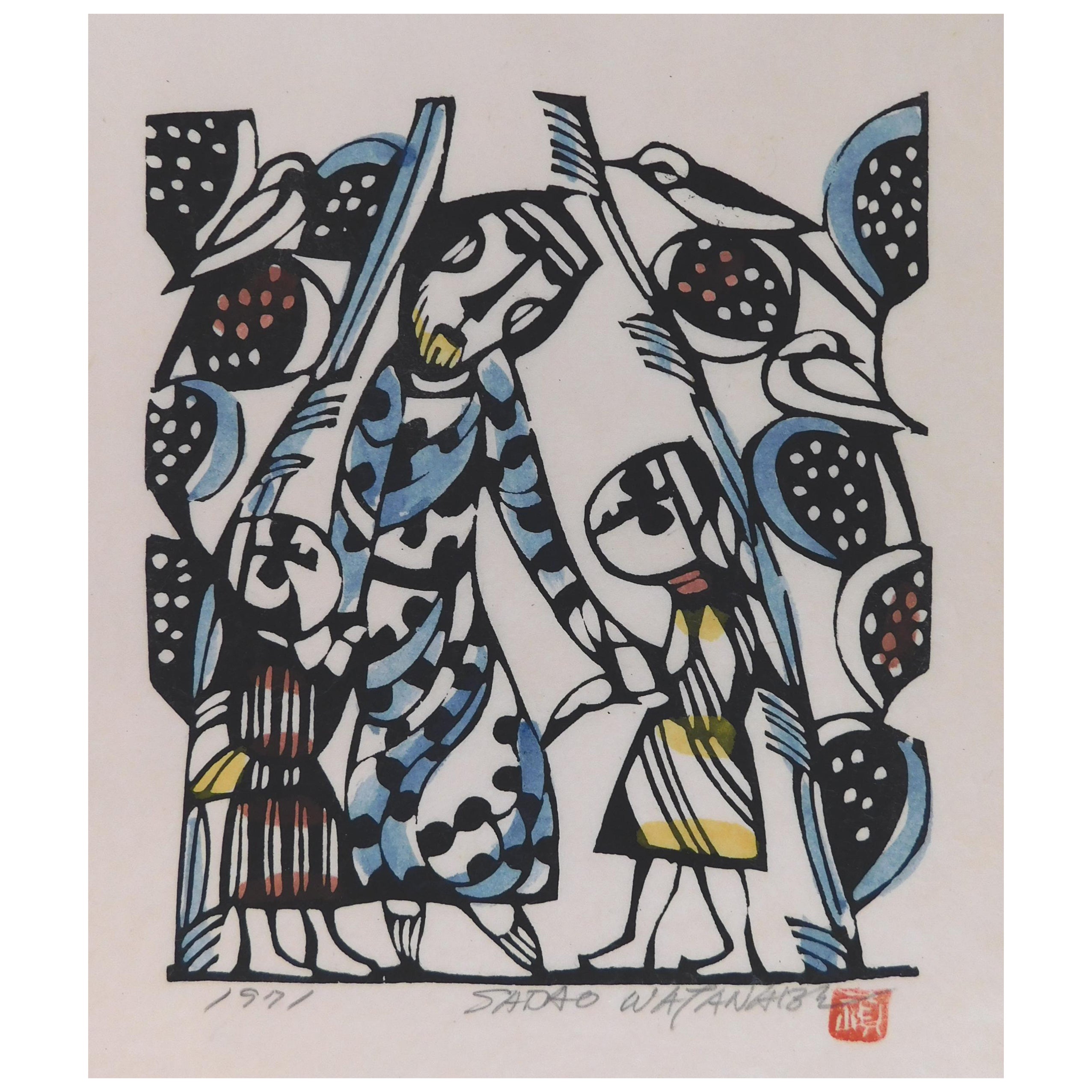 Sadao Watanabe Original-Stickerei-Druck, 1971 – Jesus und die Kinder