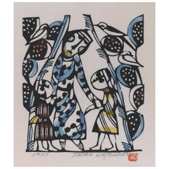 Retro Sadao Watanabe Original Stencil Print, 1971 - Jesus and the Children