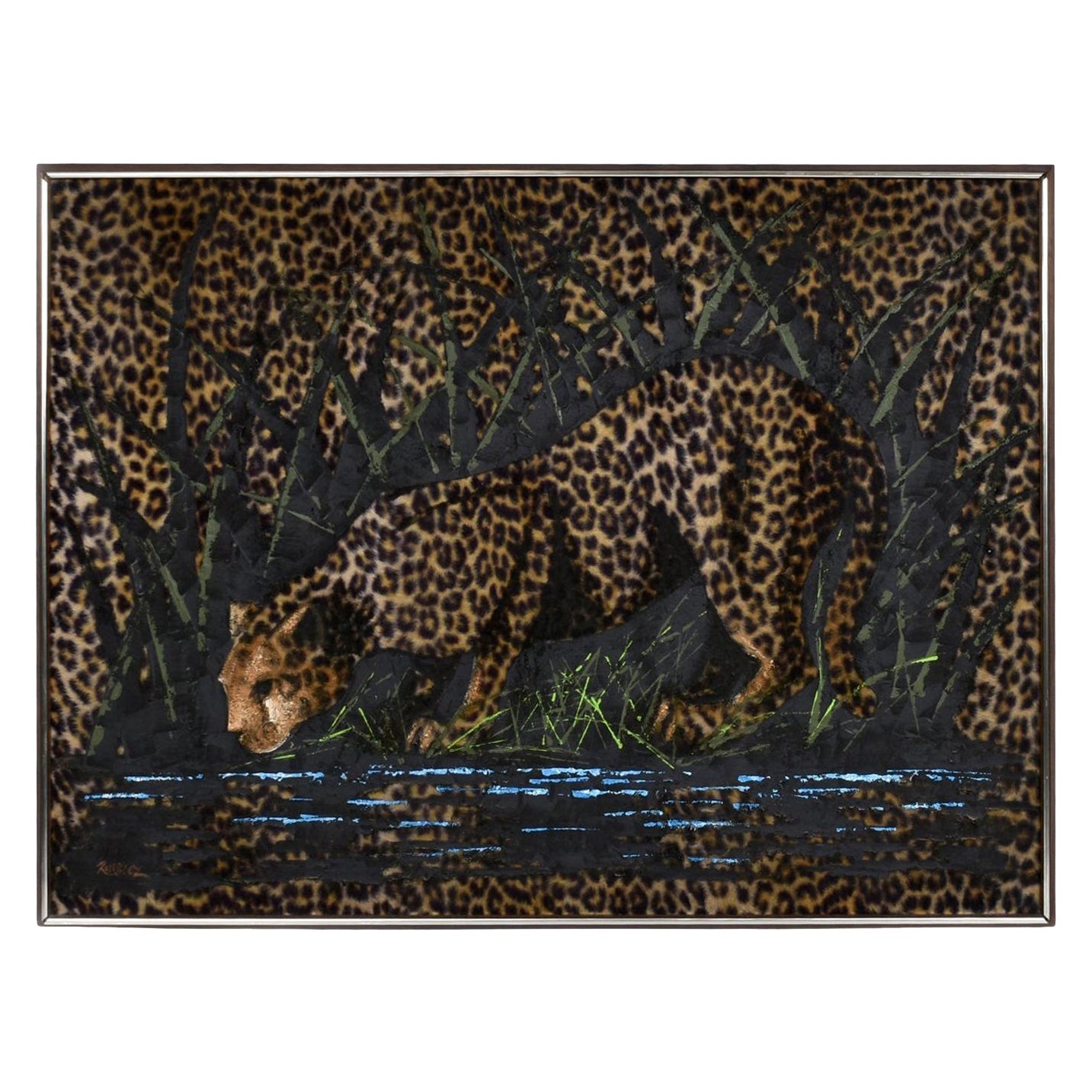 Vintage Tiki Safari Leoparden-Gemälde, handbemalt auf Kunstpelz, 1970er Jahre