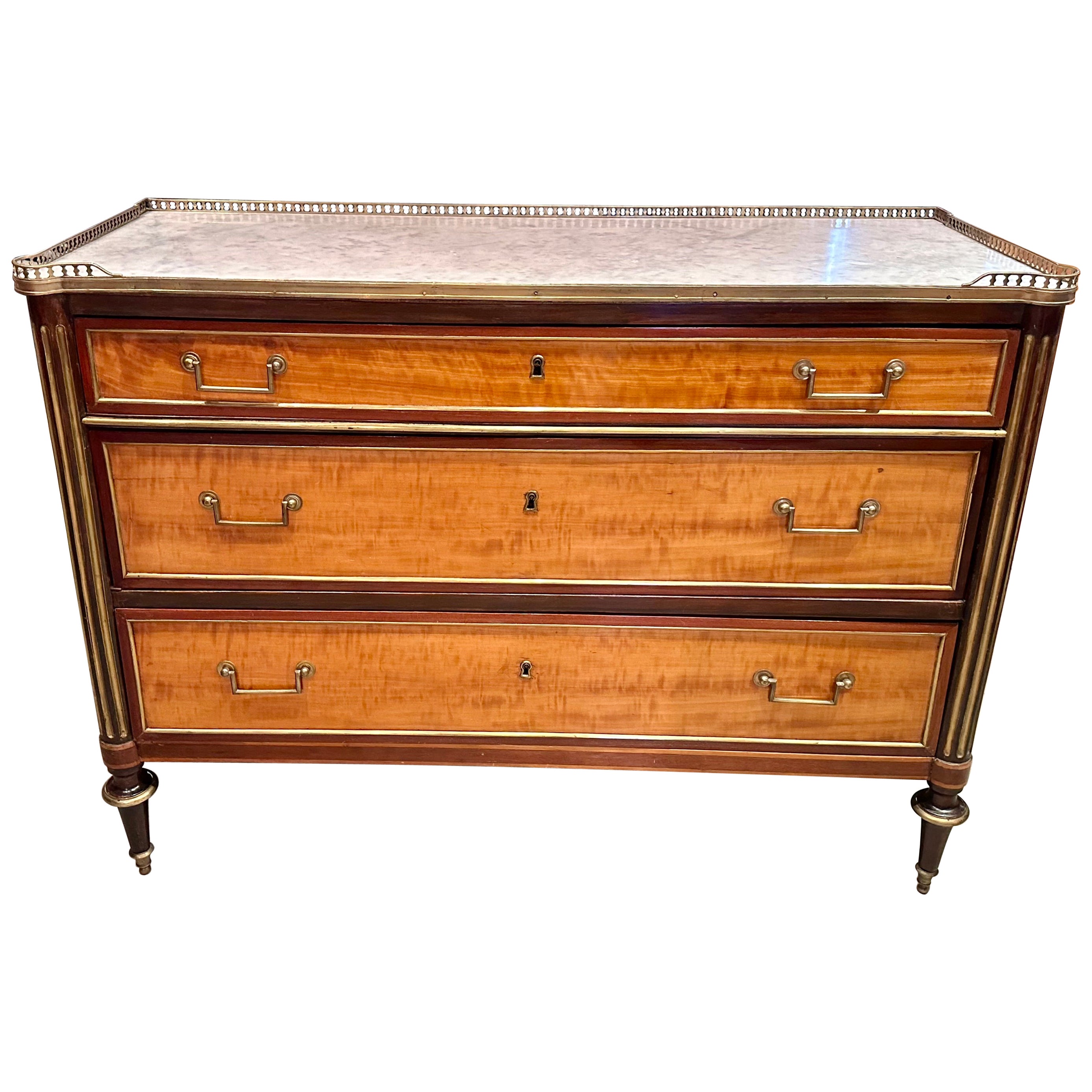 18th Century French Directoire Satinwood Mahogany Marble Top Commode