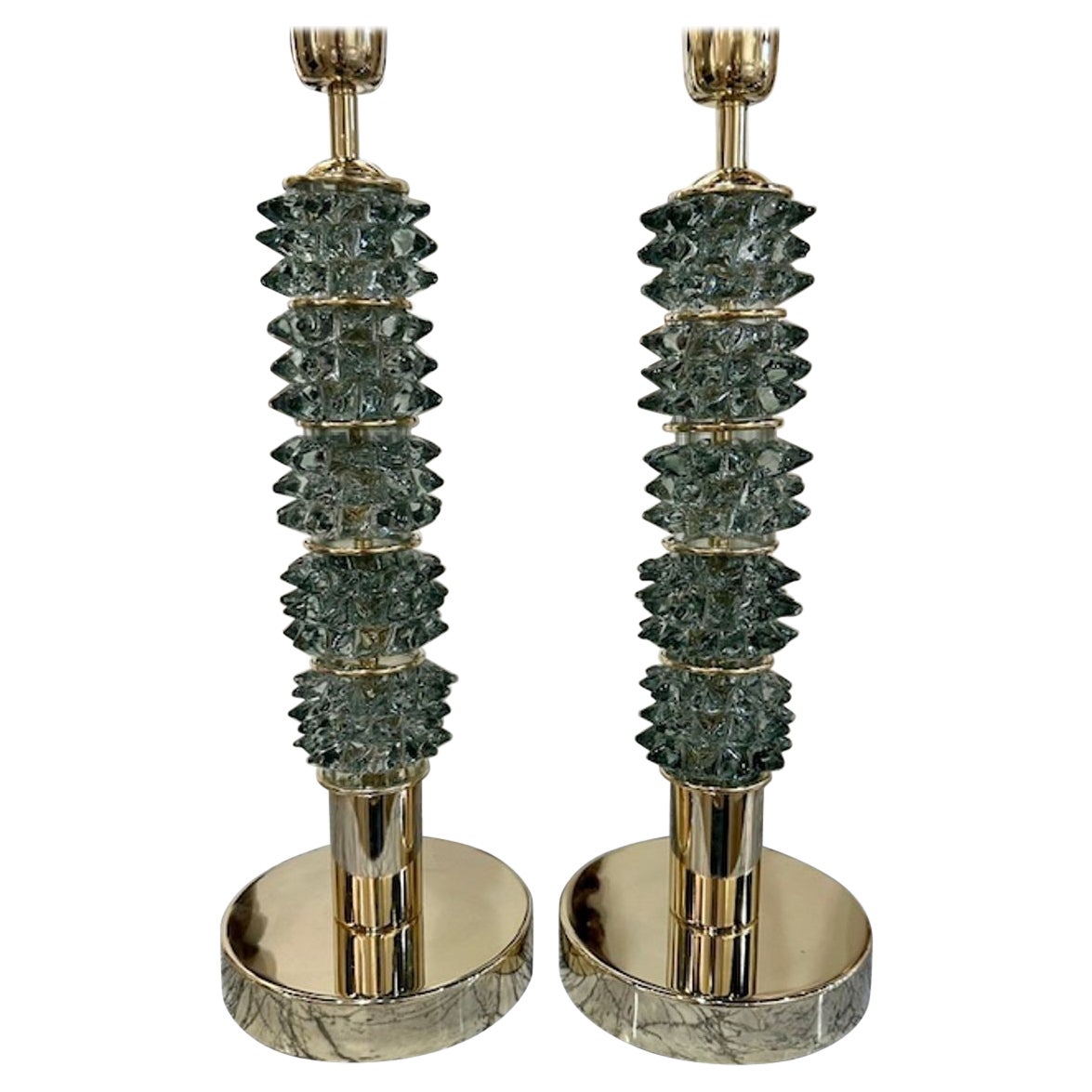 Pair of Modern Glass and Brass "Rostri" Lamps in Fontana Green For Sale