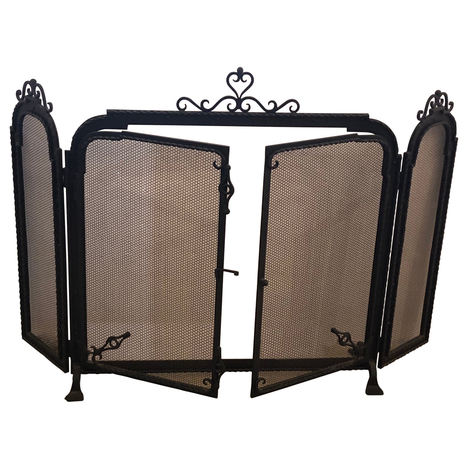 Spectacular 3 Piece Wrought Iron and Mesh Fireplace Screen with Doors For Sale