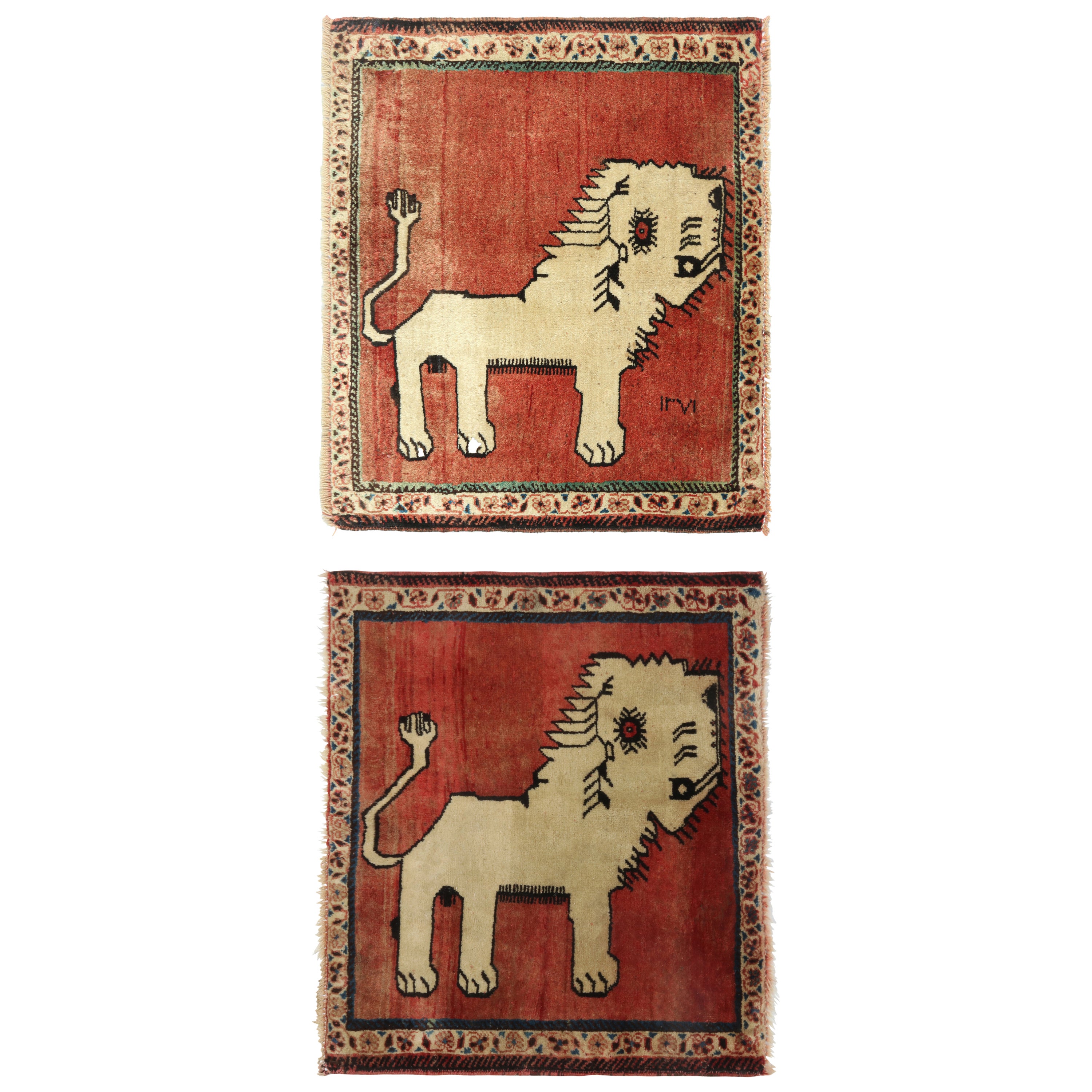 Tapis tribal Gabbeh rouge avec photos d'animaux beiges par Rug & Kilim en vente
