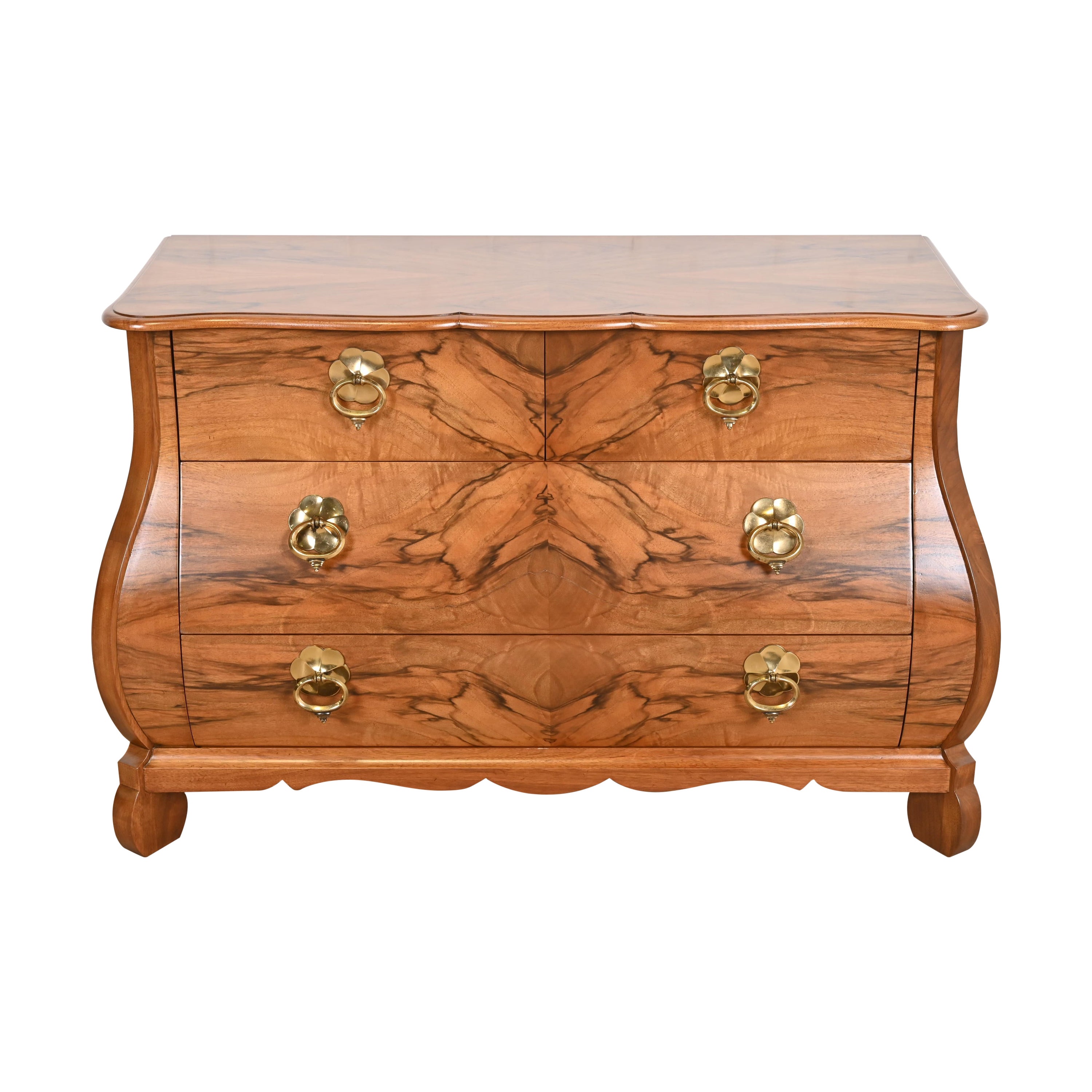 Baker Furniture Louis XV Burled Walnut Bombay Chest or Commode, Newly Refinished For Sale