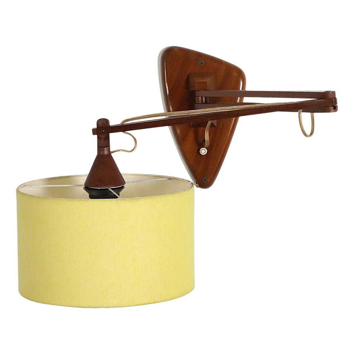 Lampada da parete in teak, metà secolo, con braccio snodabile e paralume giallo