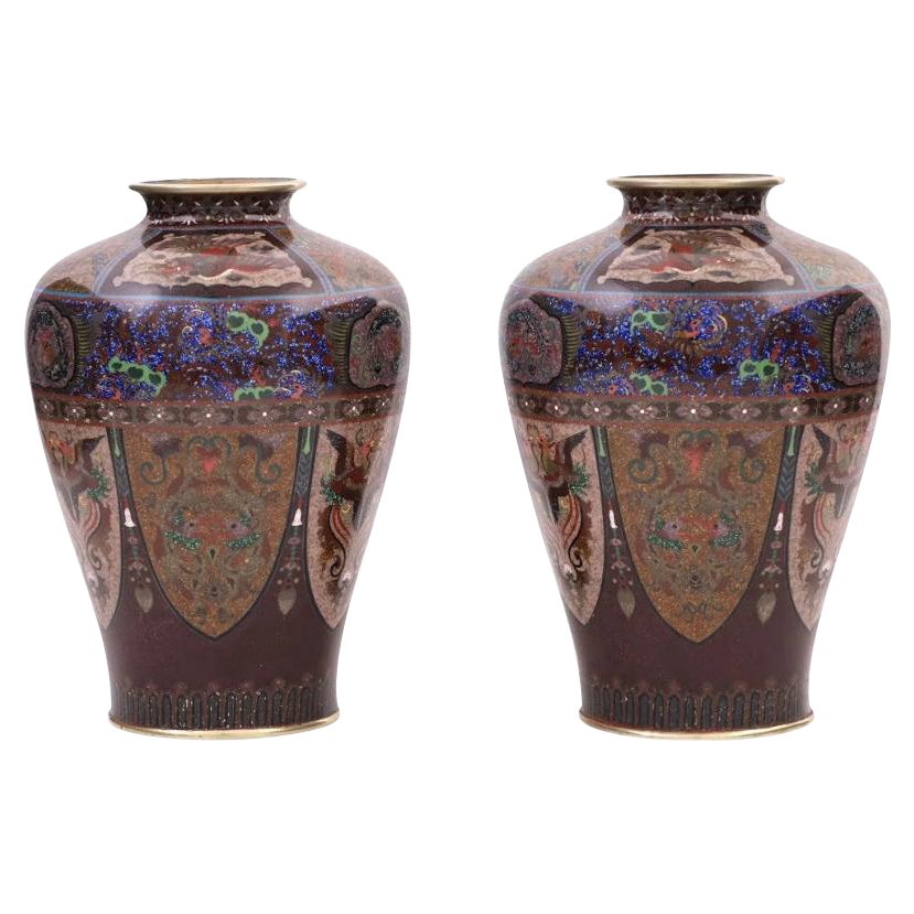 Pair of Japanese Cloisonne Lapis Enamel Dragon & Phoenix Bird Vases Ando Jubei For Sale