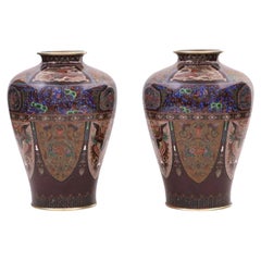 Antique Pair of Japanese Cloisonne Lapis Enamel Dragon & Phoenix Bird Vases Ando Jubei