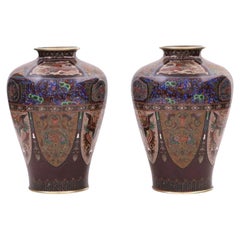 Paire de vases japonais cloisonnés en émail lapis avec dragon et oiseau Phoenix Ando Jubei