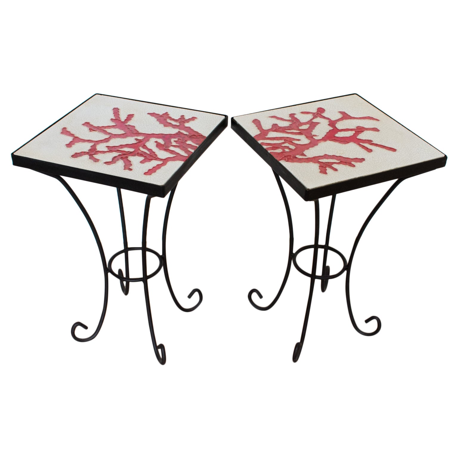 Wrought Iron and Ceramic Tile Side Coffee Table, a pair, 1950s