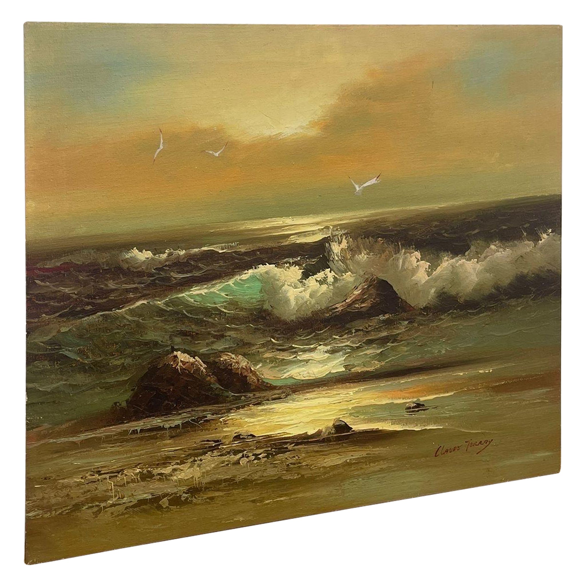 Peinture originale sur toile de paysage marin, signée, d'époque
