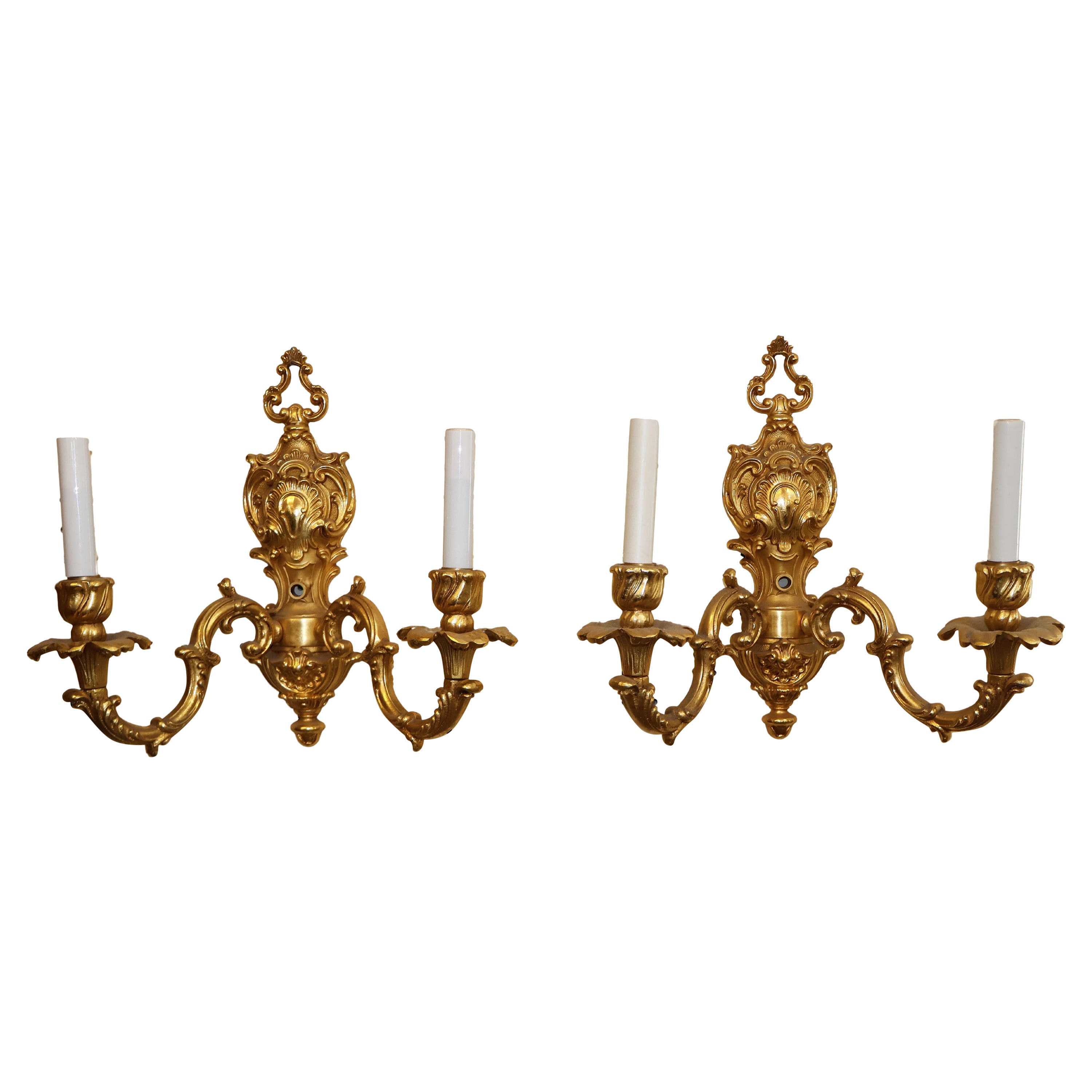 Pair of Gold Dore Bronze Two Light Sconces By FBAI For Sale