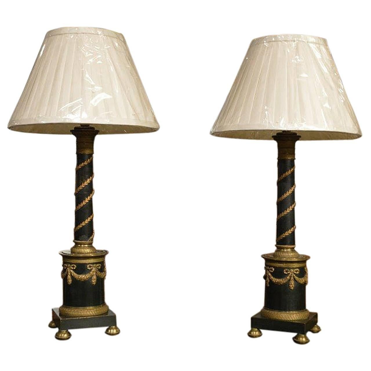 Pair of Bronze and Ormolu French Empire Style Antique Lamps
