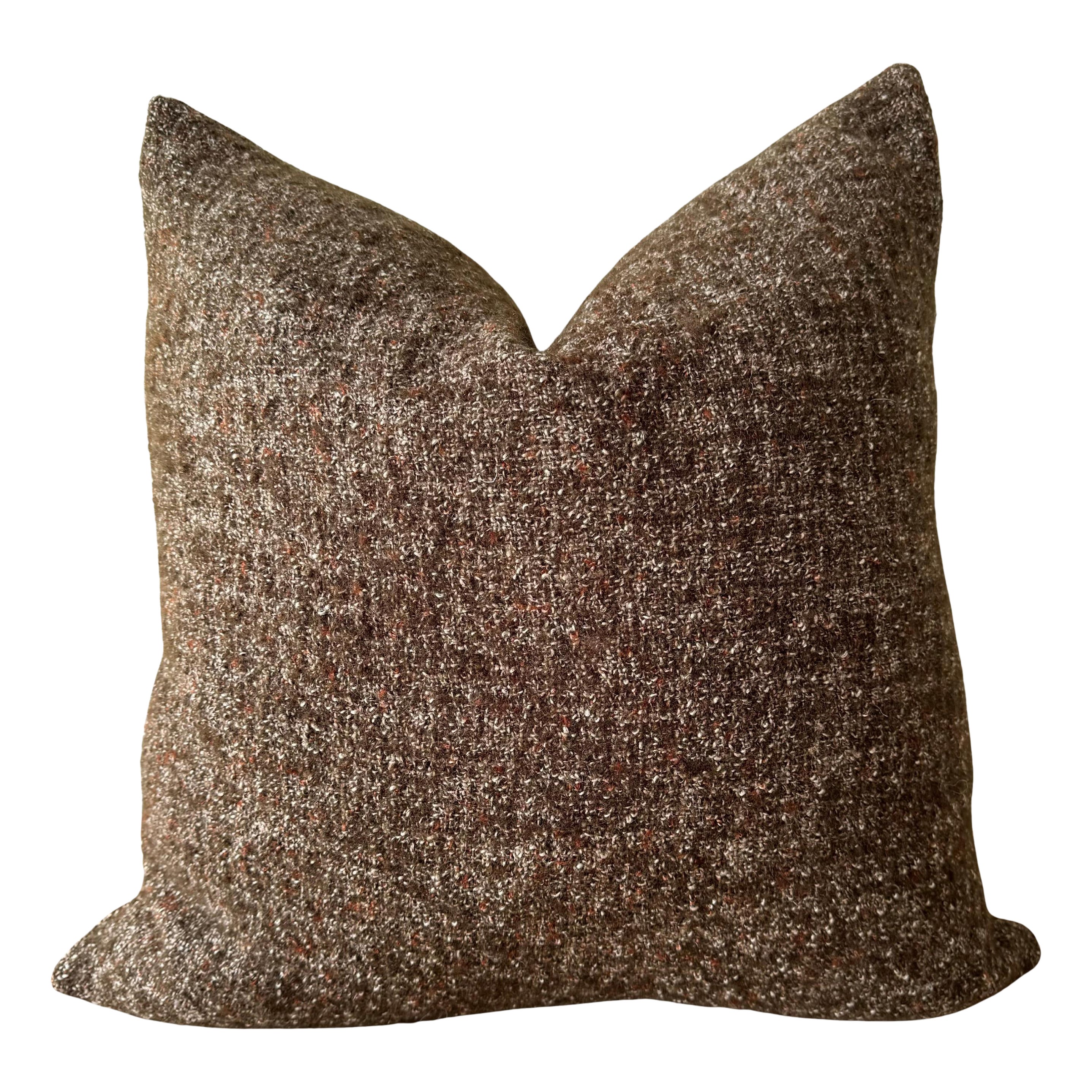 Custom Wool and Linen Pillow with Down Feather Insert in Coco Brown and Rust For Sale
