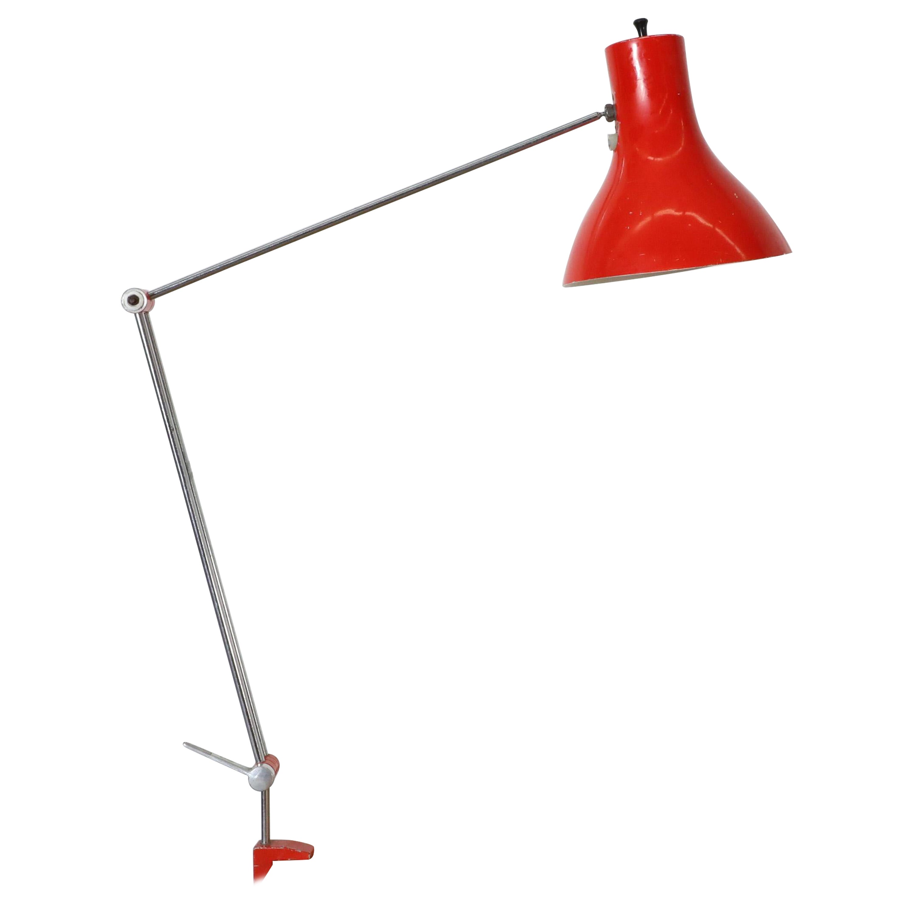 Hala Style Red Aluminum Industrial Drafting Lamp w/ Chrome Stem & Clamp For Sale