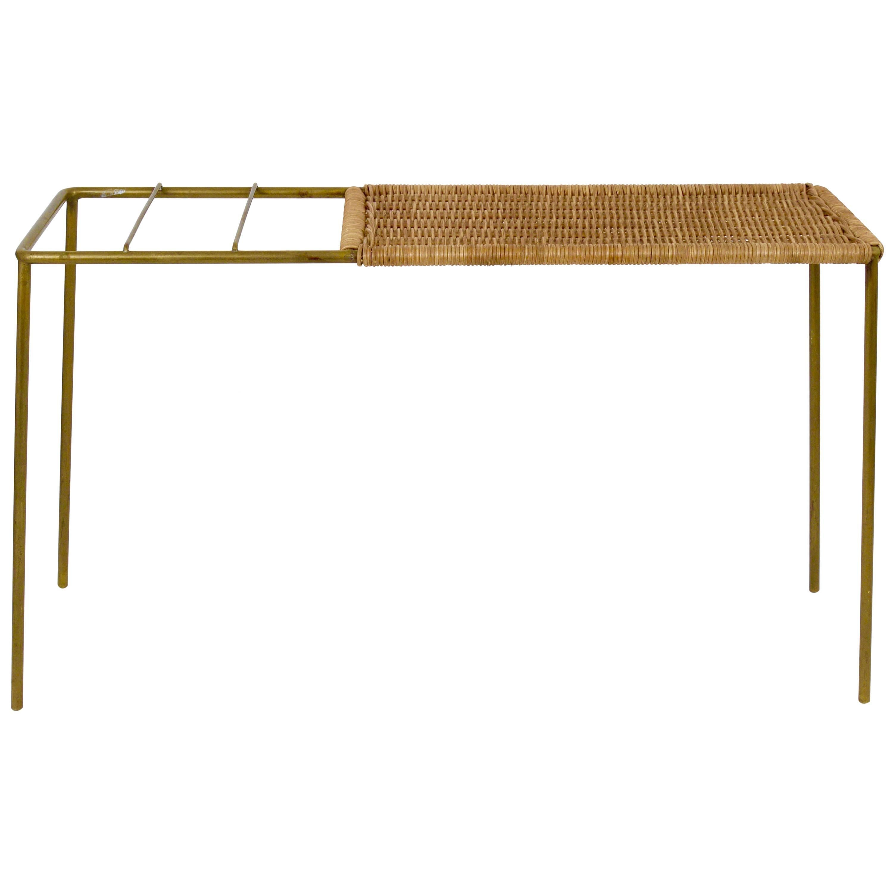 Carl Aubock Console Table Umbrella Stand Combination, Brass, Wicker, 1950s