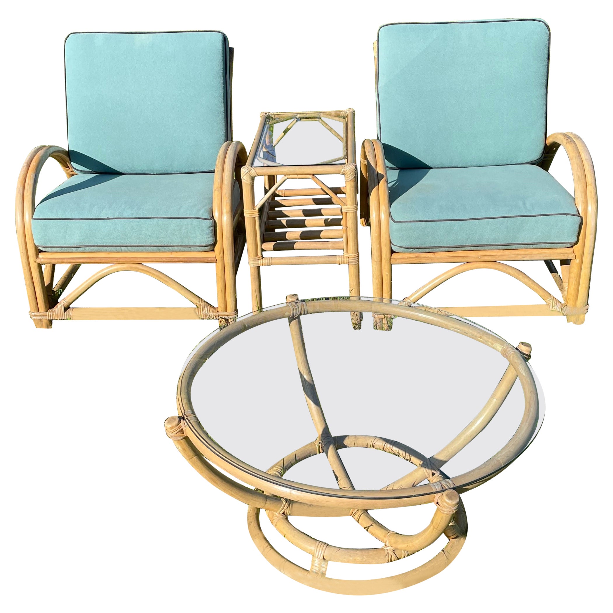 1970s Bentwood Bamboo Patio Furniture, Pair of Lounge Chairs and Table Set of 4 For Sale