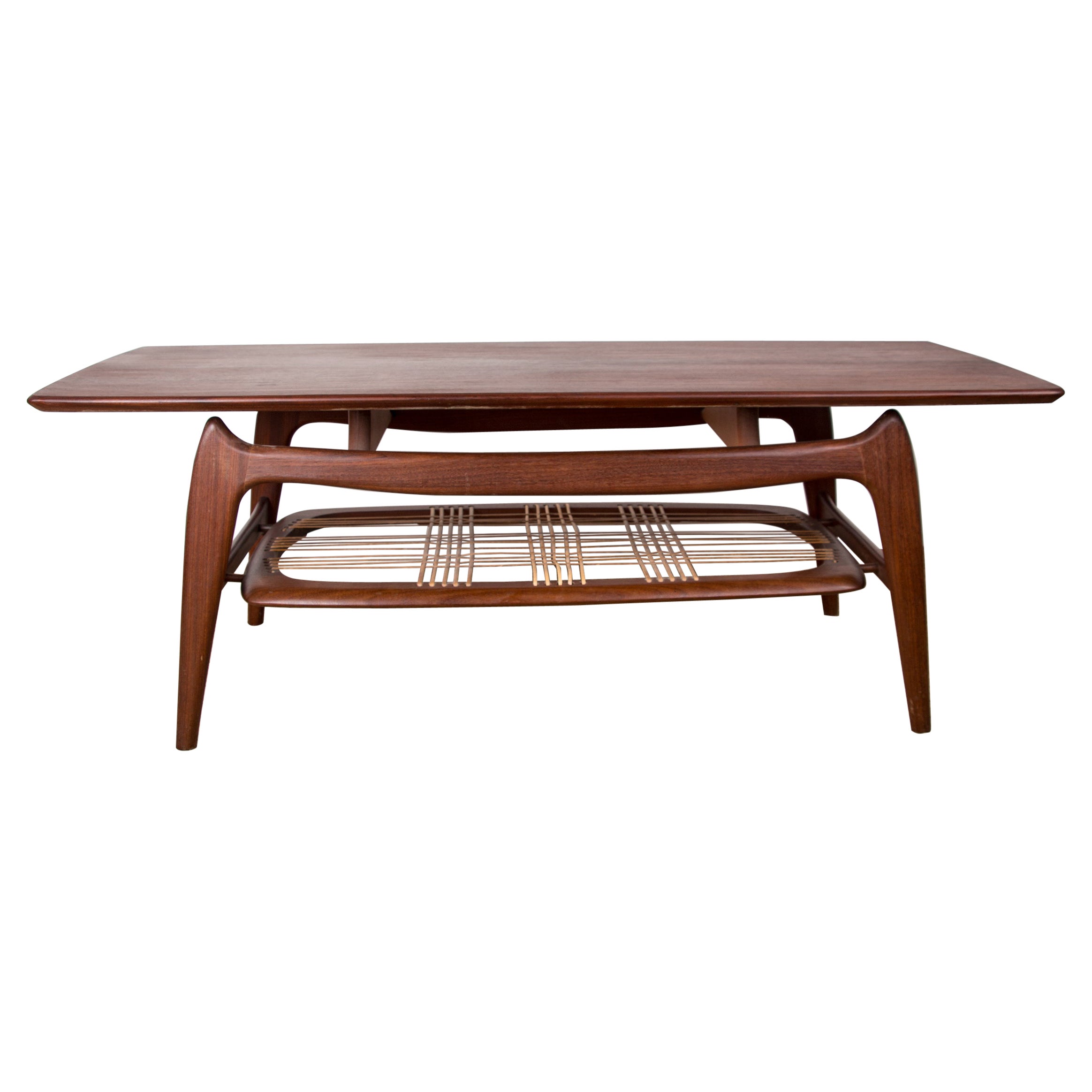 Large Coffee Table, 2 levels, in Teak and Rattan, Louis van Teeffelen for WéBé. For Sale