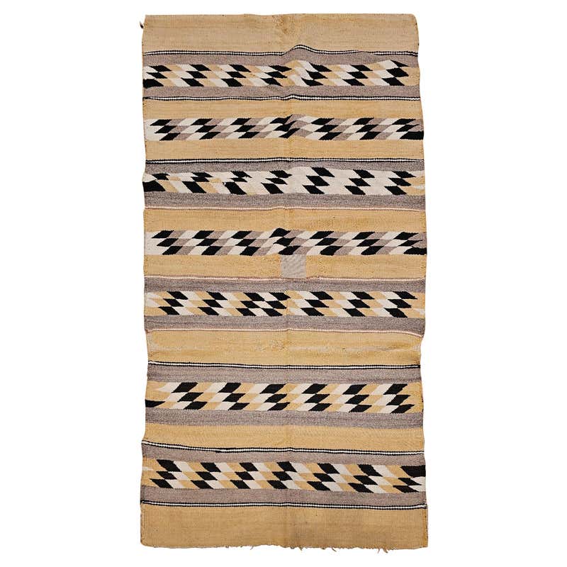 Vintage Navajo Wool Rug with Wide Band Pattern in Ivory, Rust, Purple ...