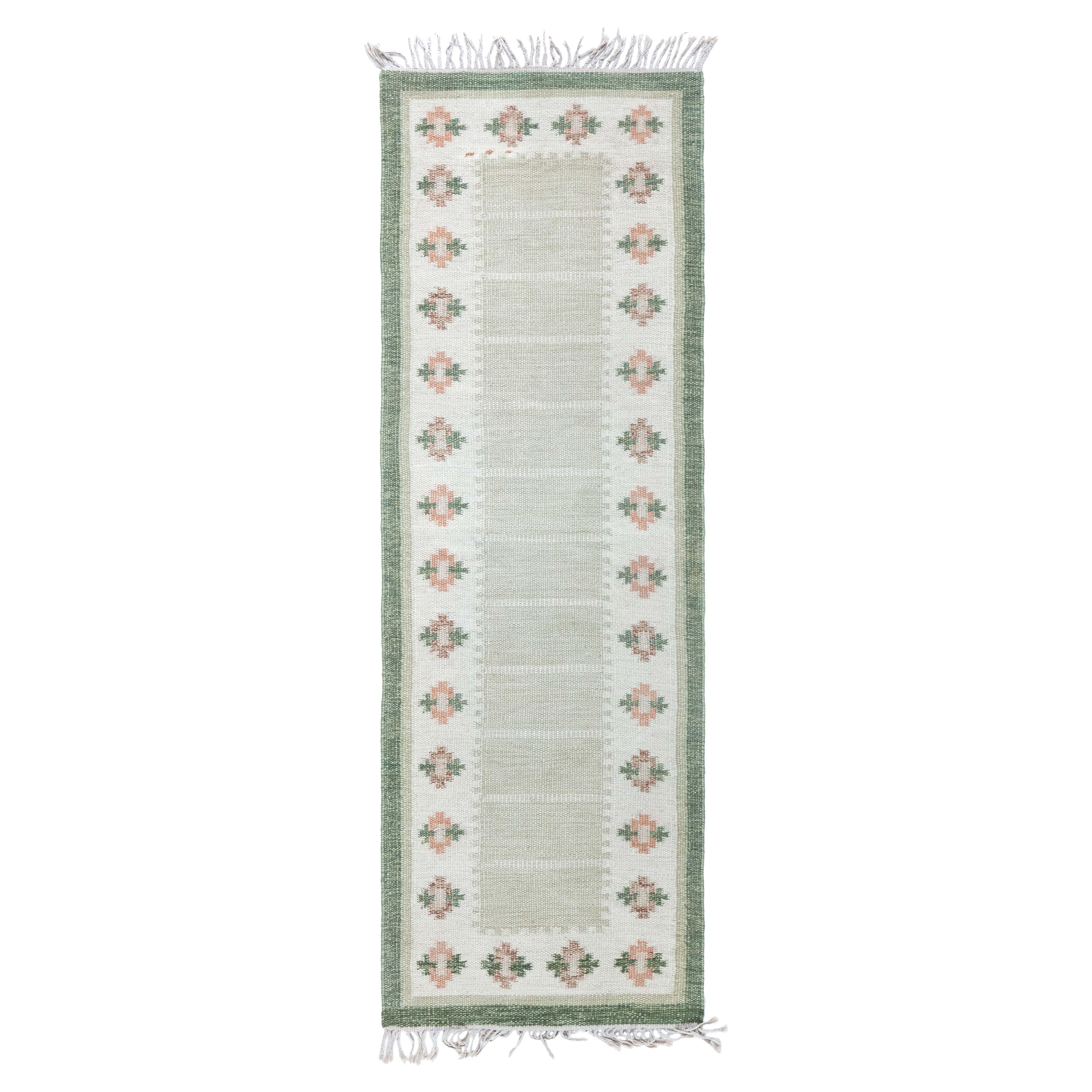 Vintage Swedish Green Flat Woven Runner For Sale