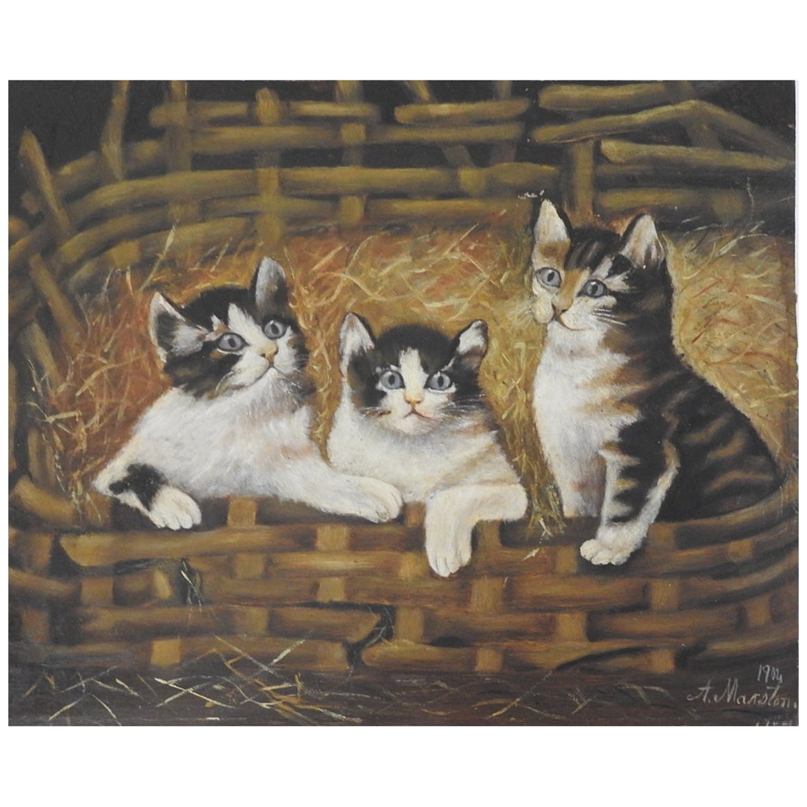 1904 Art populaire Chats chatons dans un panier peinture en vente