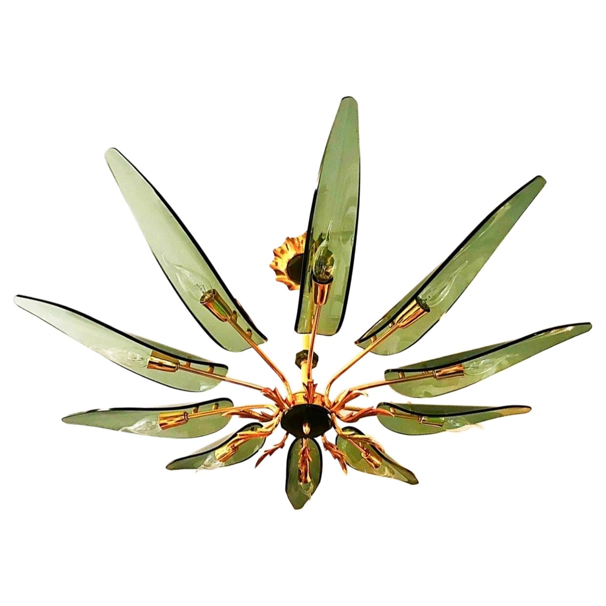 Max Ingrand by Fontana Arte Attr Glass Chandelier 10 Leaves , italie 1960 For Sale